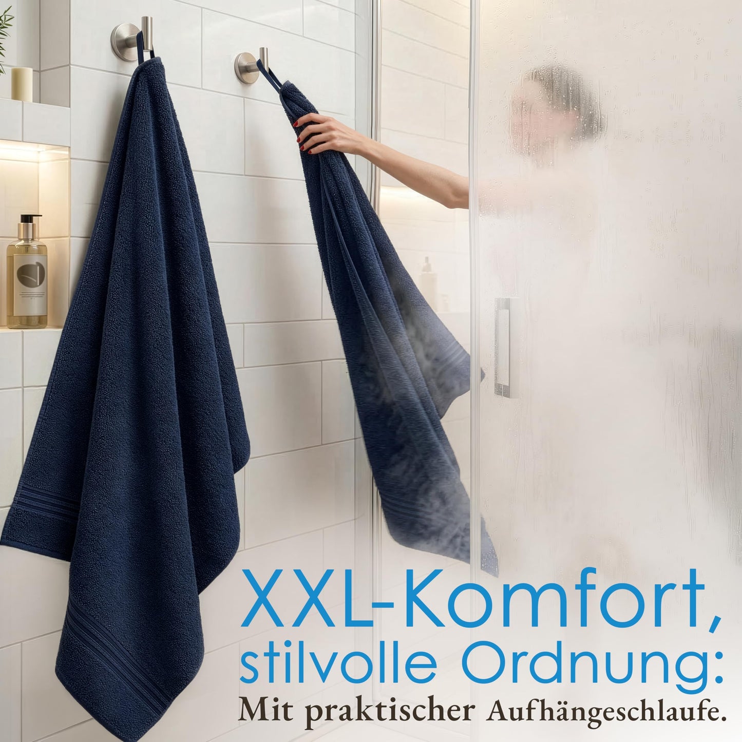 Hammetex sauna towels 80x200 cm set of 2 - extra large shower towels - 100% cotton terry - Oeko-TEX certified - soft, absorbent - with hanger, dark blue - RN335