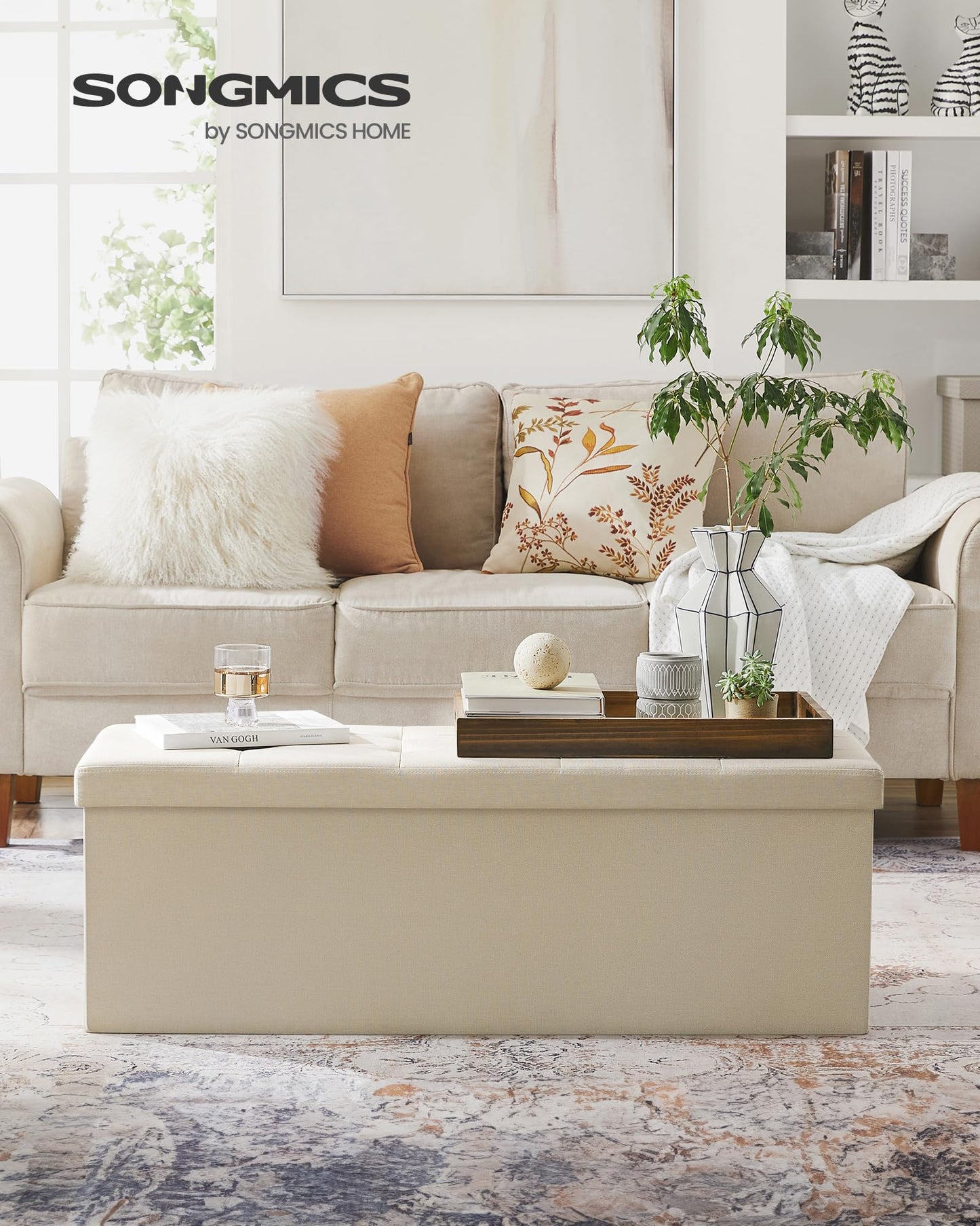 SONGMICS stool with storage space, folding bench, 38 x 110 x 38 cm footstool, storage box, loads up to 300 kg, for living room, bedroom, hallway, cream white LSF77BE