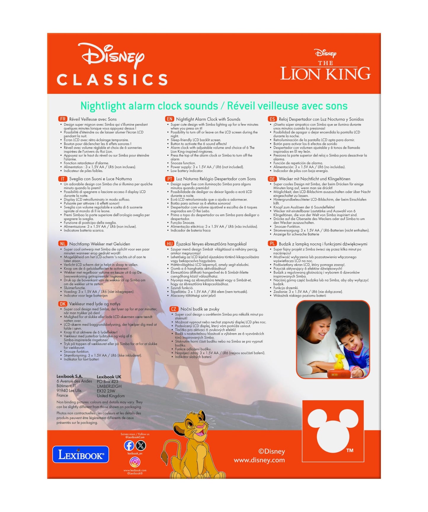 Lexibook, Disney The Lion King, Simba Night Light Alarm Clock, Sounds and Melodies, LCD Screen with Backlight, Illumination, Snooze Function, Yellow/Orange, RL800ANLXB