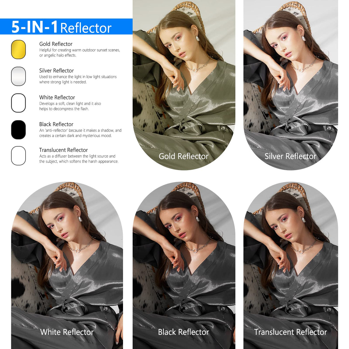 NEEWER 5 in 1 Reflector 24"x36"/60x90cm Light Reflector for Photography, Portable Foldable Multi Disc with Bag - Translucent, Silver, Gold, Black, White Diffuser for Studio and Outdoor Lighting - 88008128