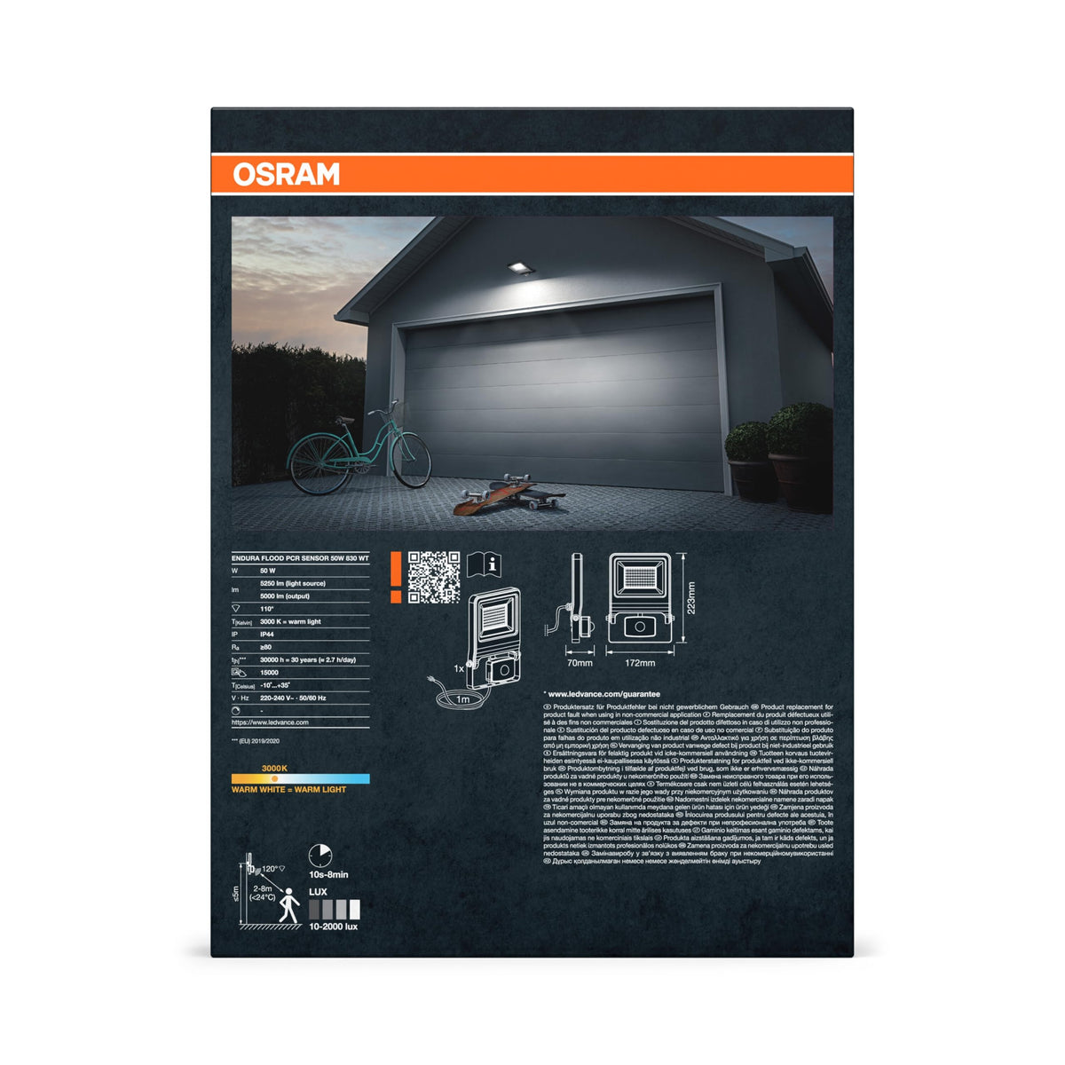 Osram ENDURA FLOOD PC LED Floodlight 50W 3000K Sensor White - 4099854487309