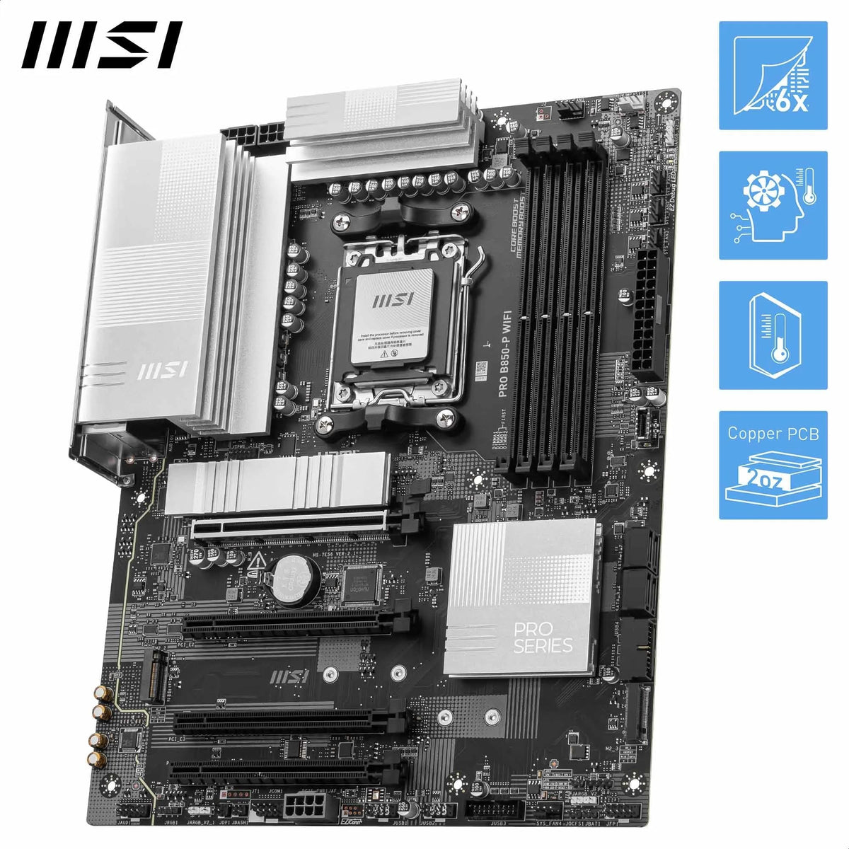 MSI PRO B850-P WiFi Placă de bază, ATX - Suportă procesoare AMD Ryzen 9000/8000/7000, AM5 - Memorie DDR5 Boost (8200+ MT/s OC), PCIe 5.0 x16 și 4.0 x16, M.2 Gen5, Wi-Fi 7, 5G LAN - 7E56-002R
