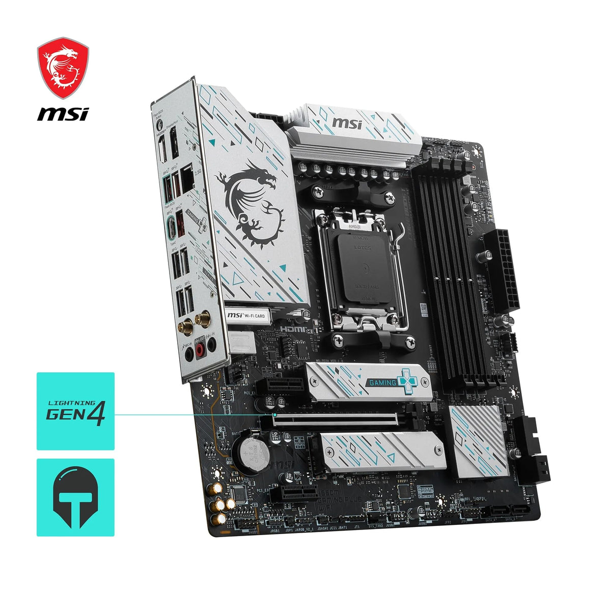 Placă de bază MSI B650M Gaming Plus WiFi, mATX - Suportă procesoare Ryzen 9000, 8000 și 7000, AM5 - Memorie DDR5 Boost 7800+ MHz/OC, PCIe 4.0 x16, M.2 Gen4, Wi-Fi 6E - 7E24-001R
