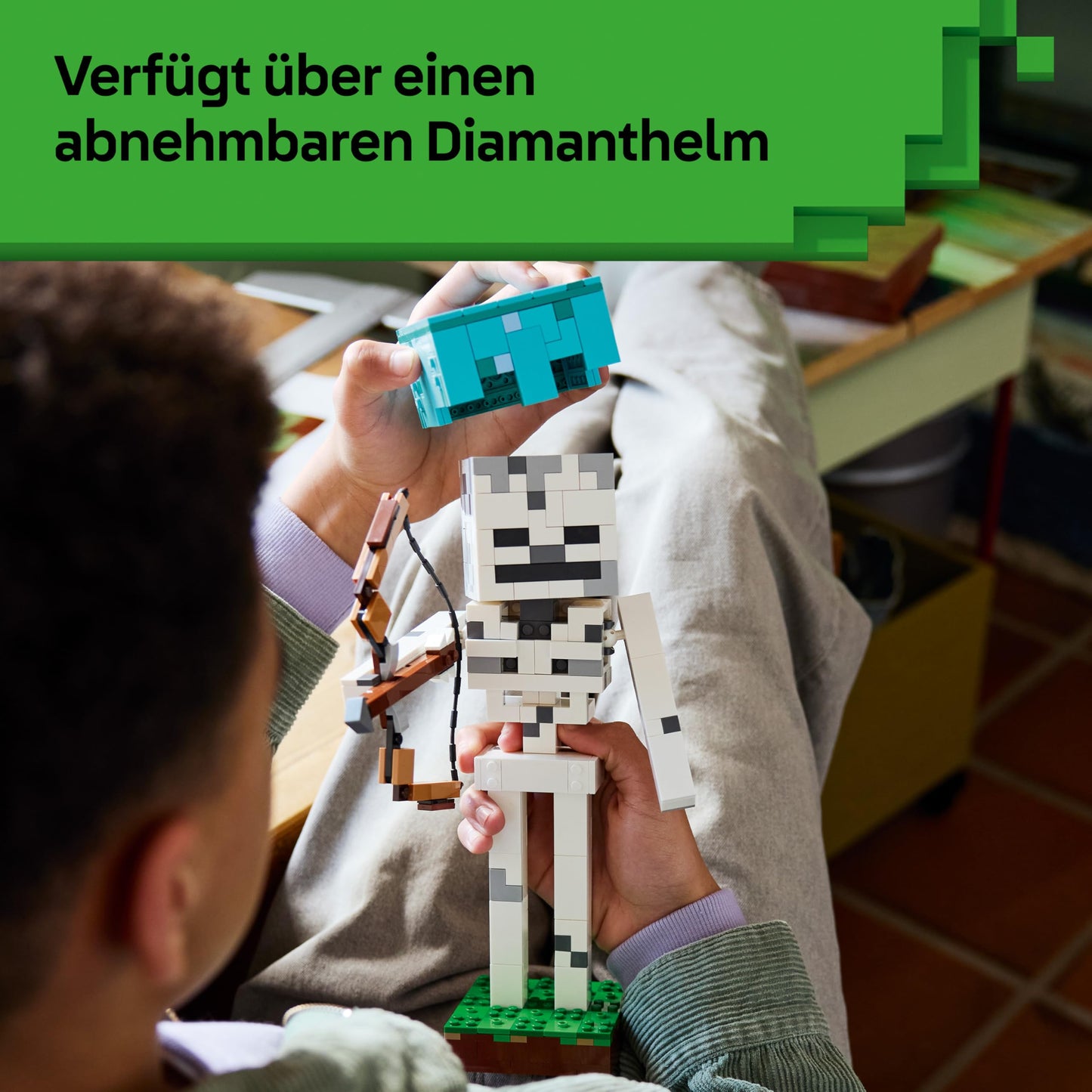 LEGO Minecraft The Skeleton - Mob figure with diamond helmet, bow and arrow and grass base as a room decoration for children - gaming gift for boys, girls and fans aged 10 and over - 21594