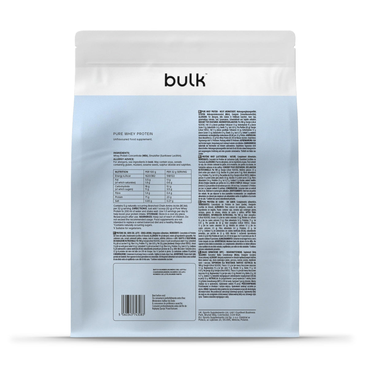 Bulk Pure Whey Protein Powder, Unflavored, 2.5kg - BPB-WPC8-0000-2500