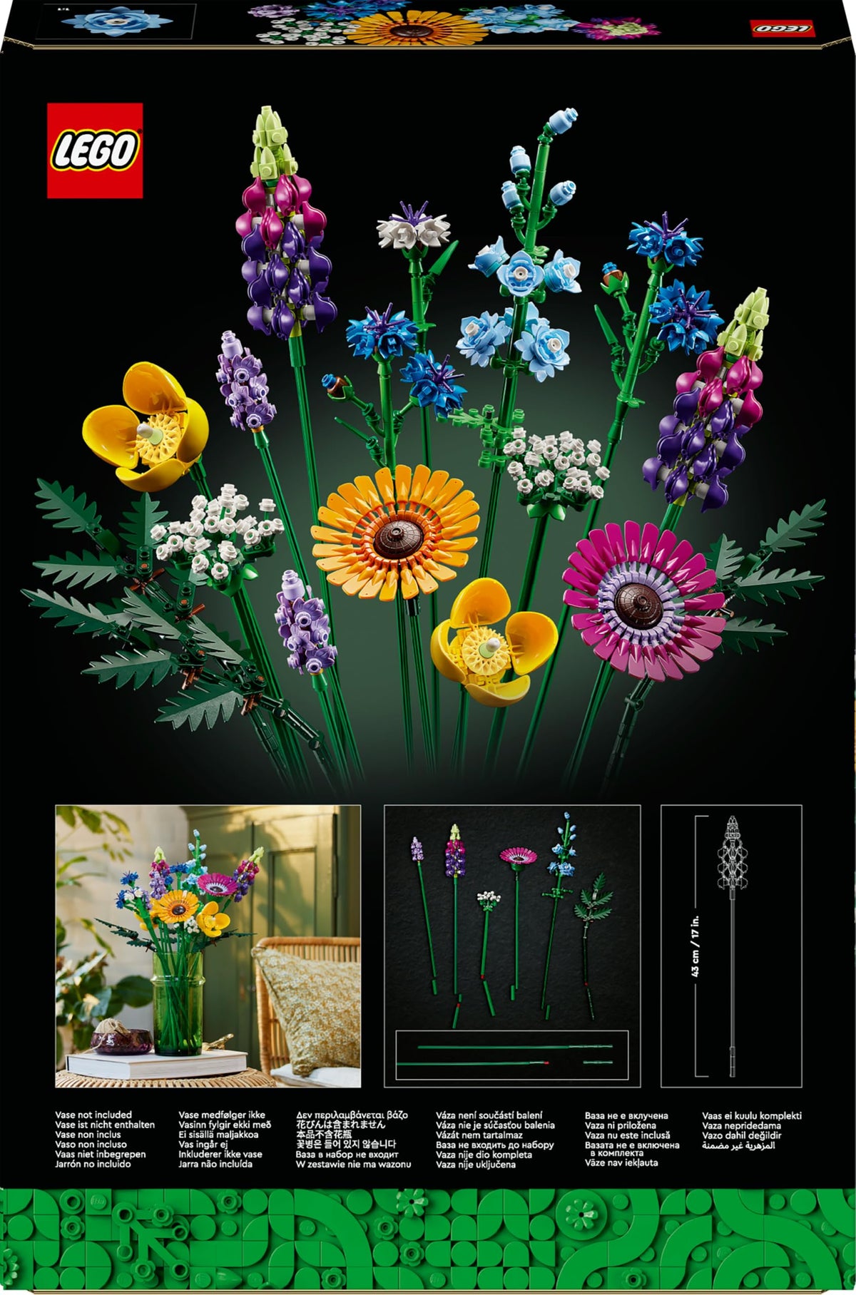 Set LEGO Botanicals Buchet de Flori Sălbatice - Flori Artificiale cu Maci și Lavandă - Kit de Meșteșuguri pentru Adulți - Cadouri pentru Decorul Biroului de Acasă pentru Femei și Bărbați - 10313