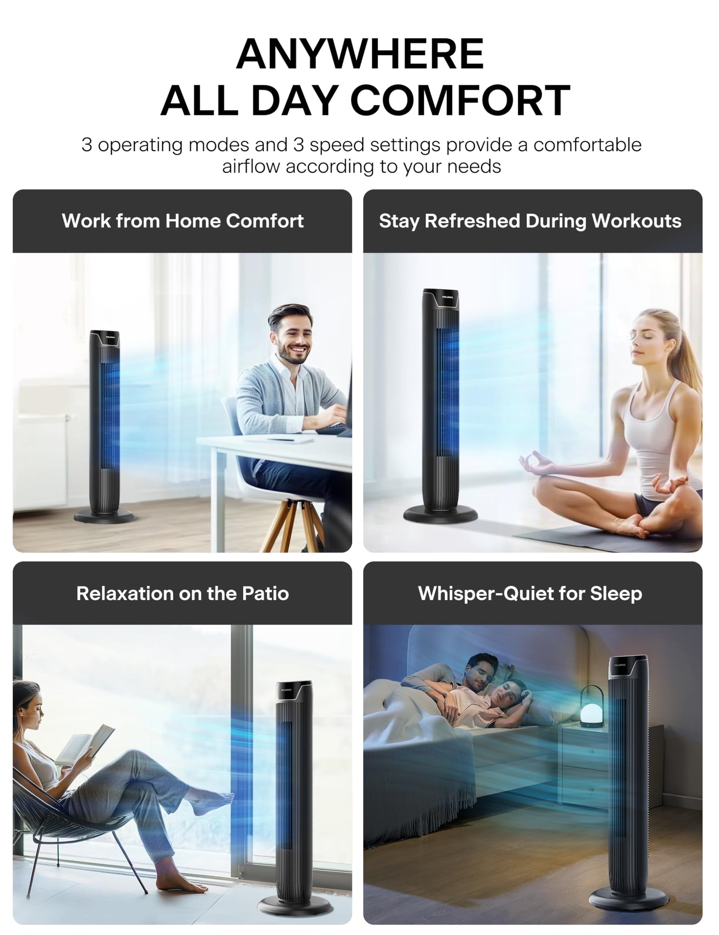 PELONIS Tower Fan with Remote Control - 5 Speed Levels & 4 Modes (AI/Night/Natural Wind) 9H Timer, LED Display with Memory Function - Energy Saving Fan for Office Bedroom - PE-FZ10-25MR-DE