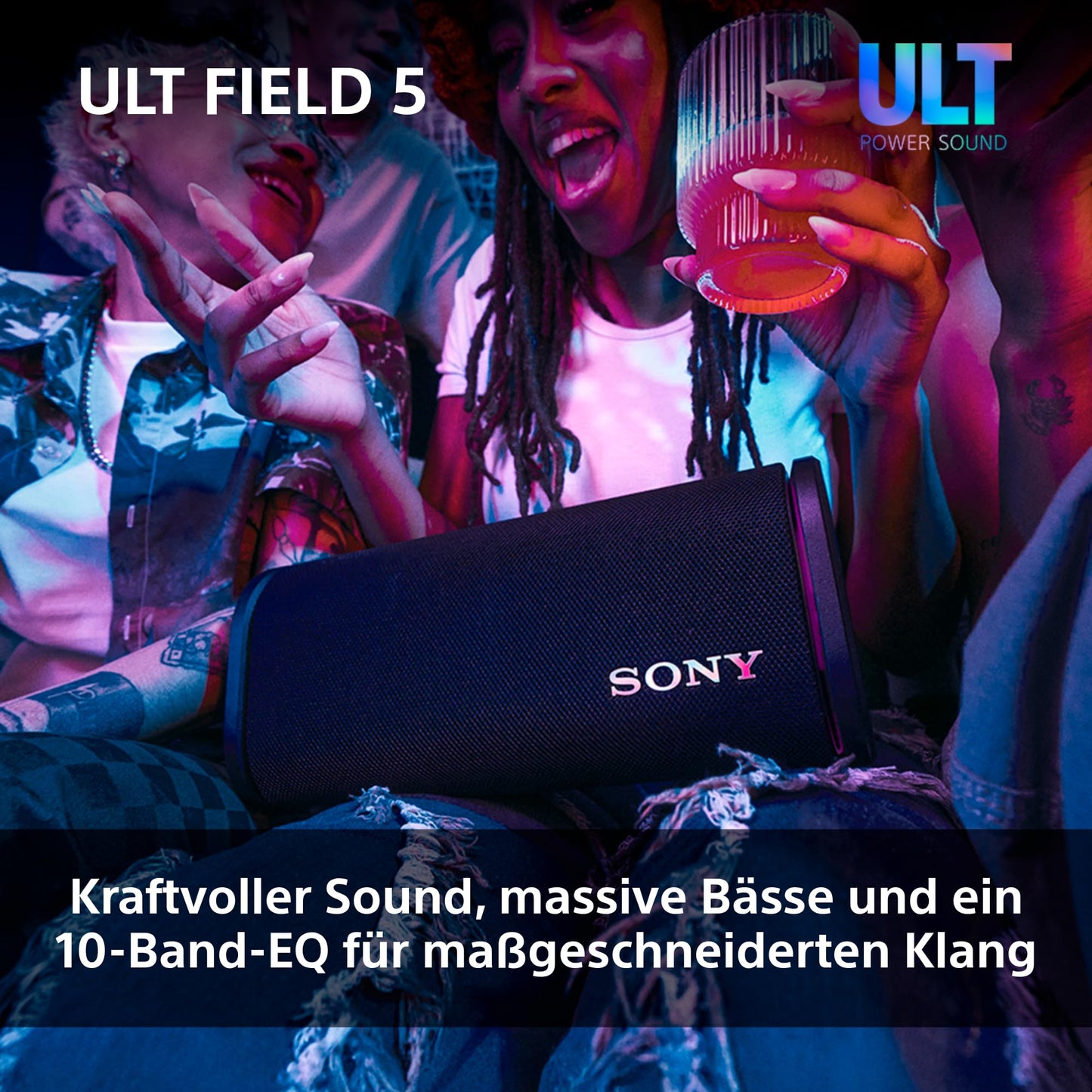 Sony ULT Field 5 - Powerful Portable Bluetooth Speaker, 25 Hour Battery, 2 x ULT Power Sound Modes, IP67, Waterproof, Dustproof, 360° Lights, Detachable Shoulder Strap - Black - SRSULT50B.CE7