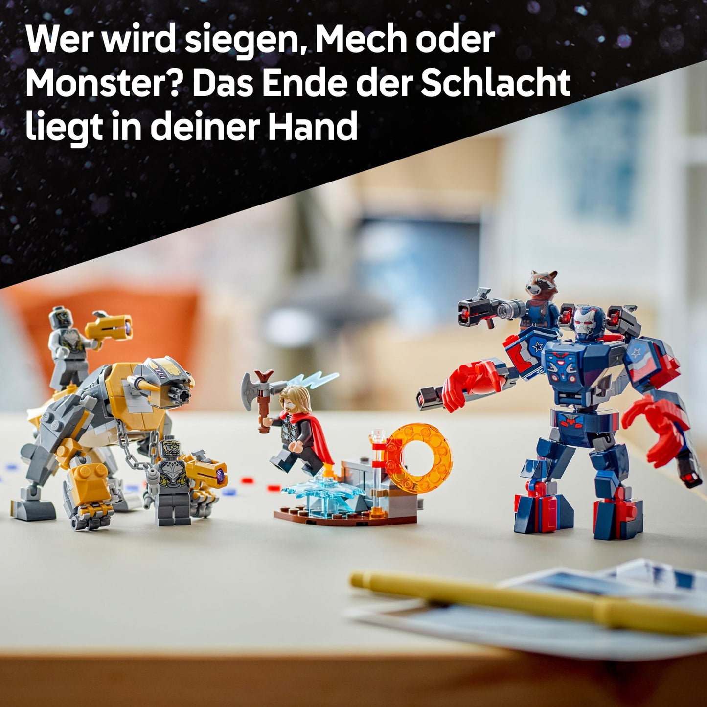 LEGO ǀ Marvel Avengers: Endgame Thor vs. Chitauri building set - superhero action with the Iron Patriot mech and 7 minifigures - gift for boys and girls aged 8 and up - 76322