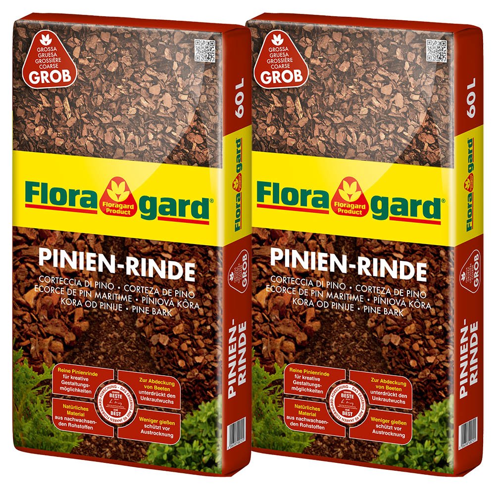 Floragard pine bark 120 L (2×60 L, 25-40 mm) – decorative premium mulch & natural ground cover for beds, planting areas, perennial and woody beds as well as paths – suppresses weeds - 114883
