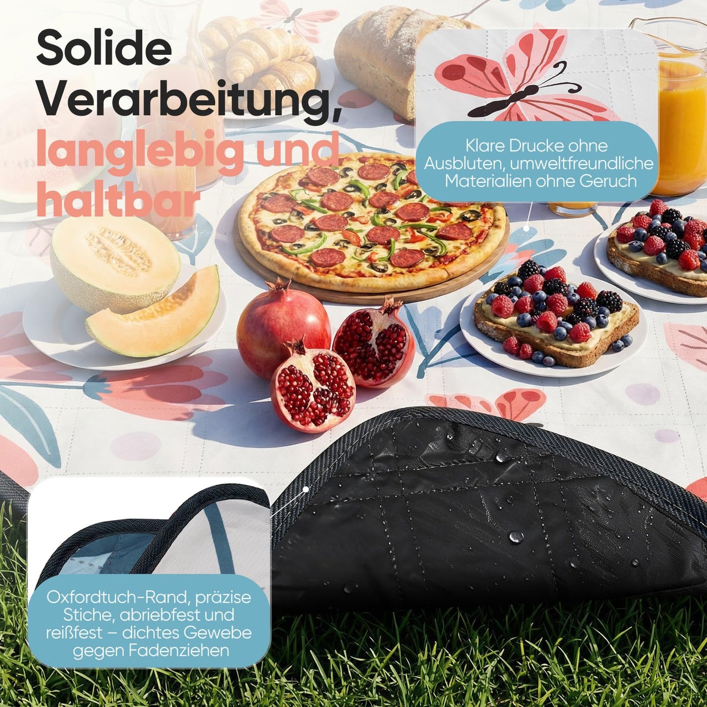 Sekey picnic blanket, waterproof, 150 x 200 cm, beach blanket, sand-free Padded, three-layer structure, PEVA waterproof base, tie strap carry strap, suitable for picnic, camping, beach - PM7