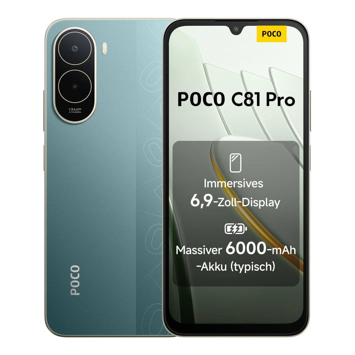 Poco C81 Pro Smartphone, 4 GB + 256 GB, telefon, acumulator de 6000 mAh, ecran de 120 Hz, display de 6,9 inch, cameră duală AI de 13 MP, verde, garanție suplimentară de 1 an