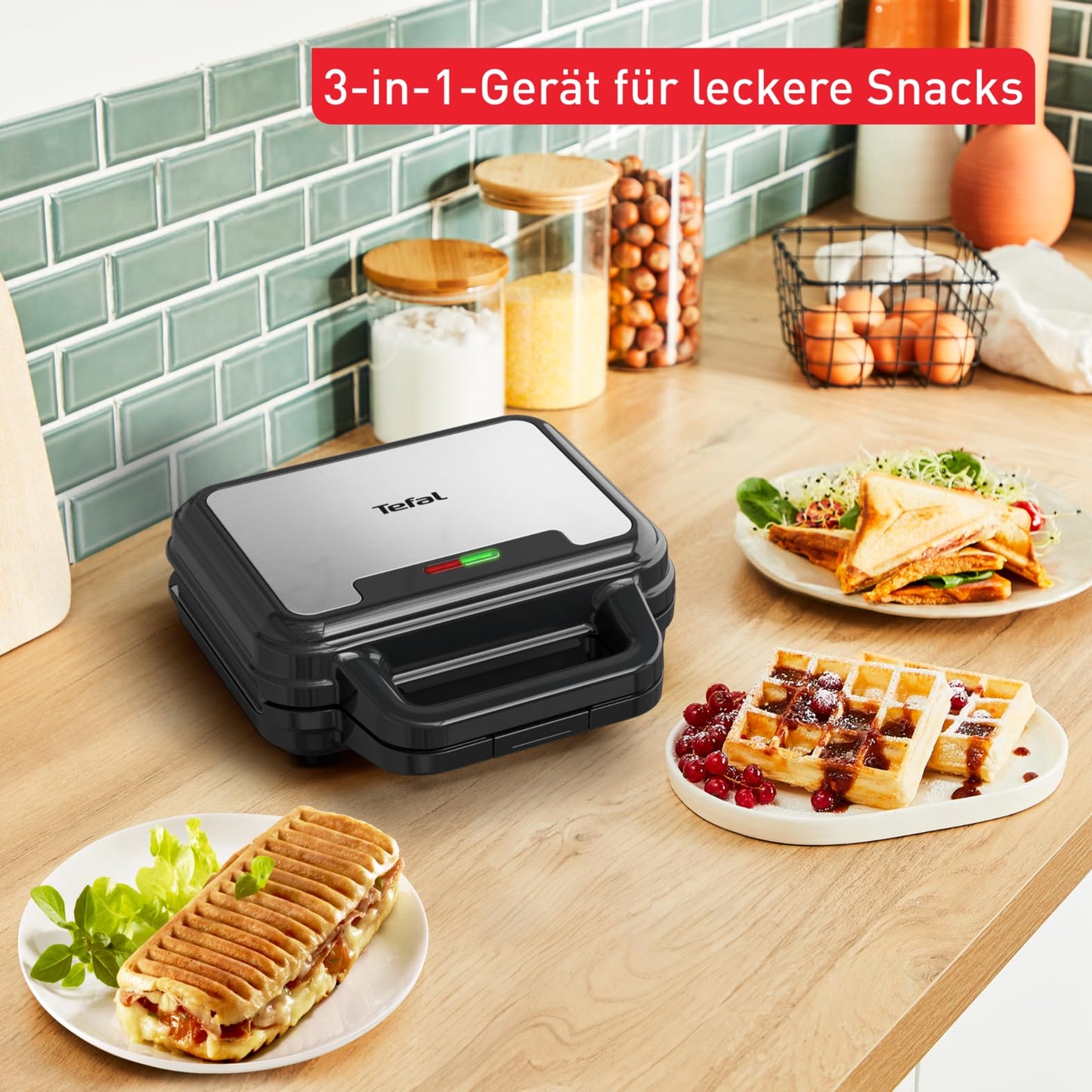 Tefal Ultracompact 3-in-1 sandwich waffle panini combination device, non-stick coating, heat-insulated handle, stainless steel/black, SW383D10