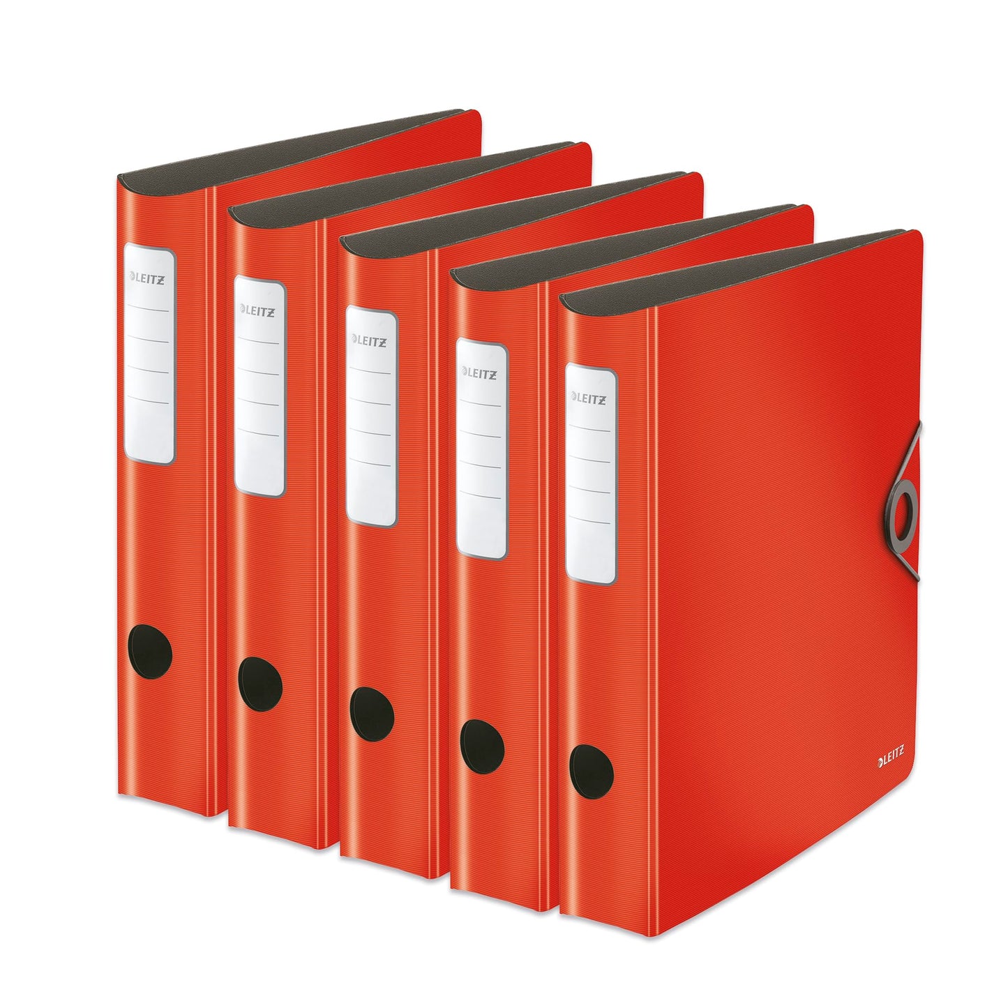 Leitz quality folder 180° Active Solid, pack of 5, A4, narrow, rounded spine, 6.5 cm wide, elastic band closure, light polyfoam, plastic folder, red, 10481020 - 10481020-5