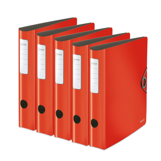 Leitz quality folder 180° Active Solid, pack of 5, A4, narrow, rounded spine, 6.5 cm wide, elastic band closure, light polyfoam, plastic folder, red, 10481020 - 10481020-5