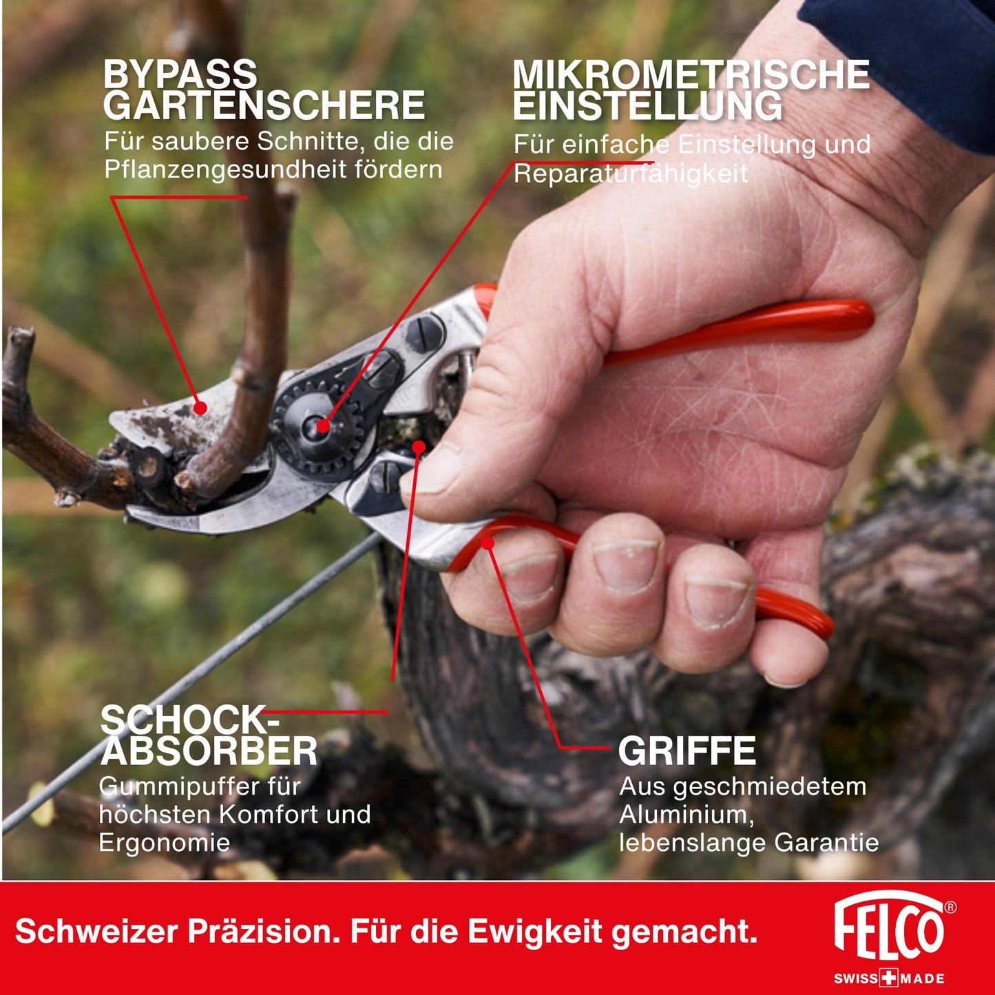 FELCO 14 bypass secateurs for small hands, right-handed, 40 mm hardened steel blade, forged aluminum handles, ergonomically compact, precise cut up to 18 mm, Swiss Made