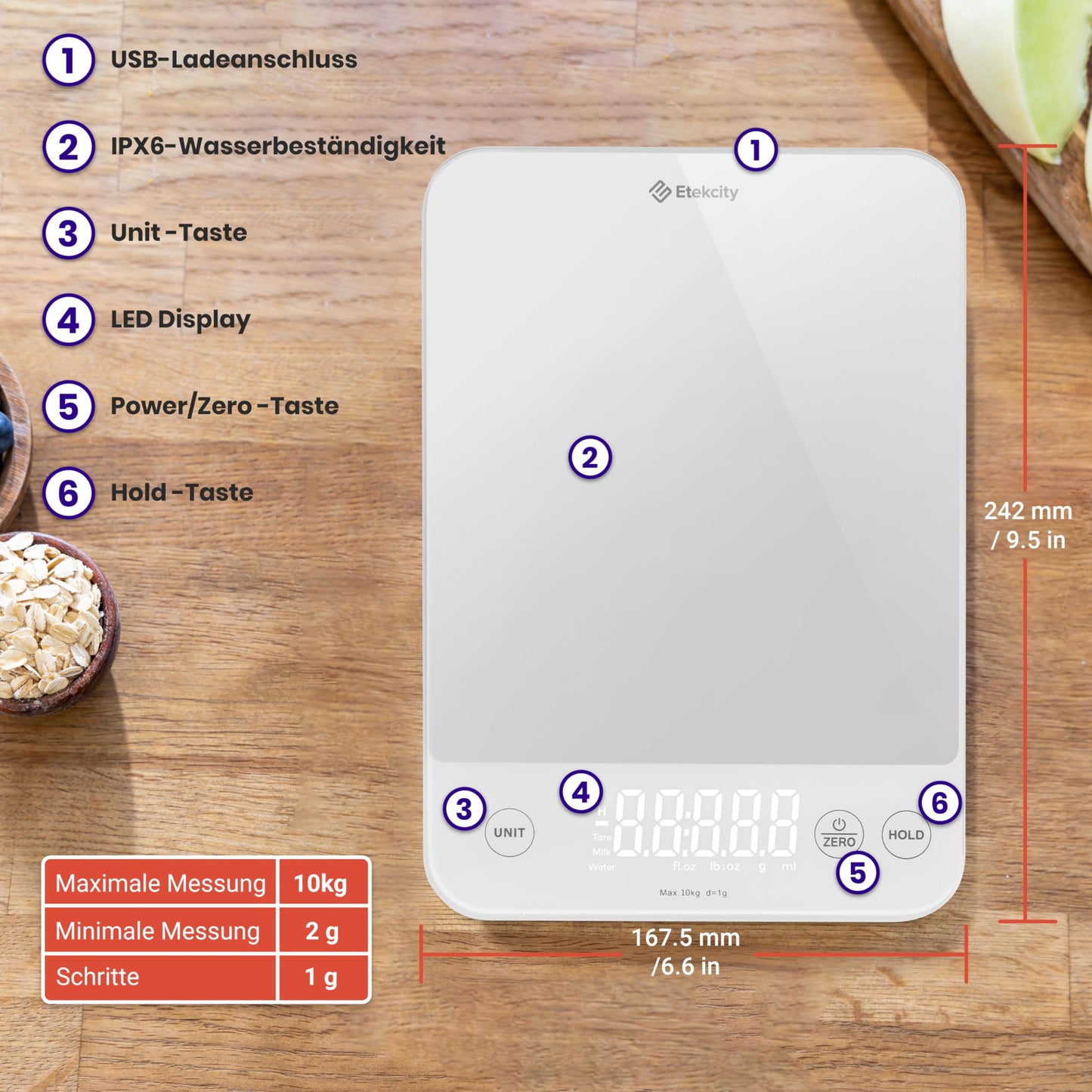 ETEKCITY kitchen scales, precision scales 0.1g accurate, 10kg digital kitchen scales with large LED display, waterproof kitchen scales, kitchen scale for measuring liquids, tare function - 10KG-1g - white glass - EKS-L422