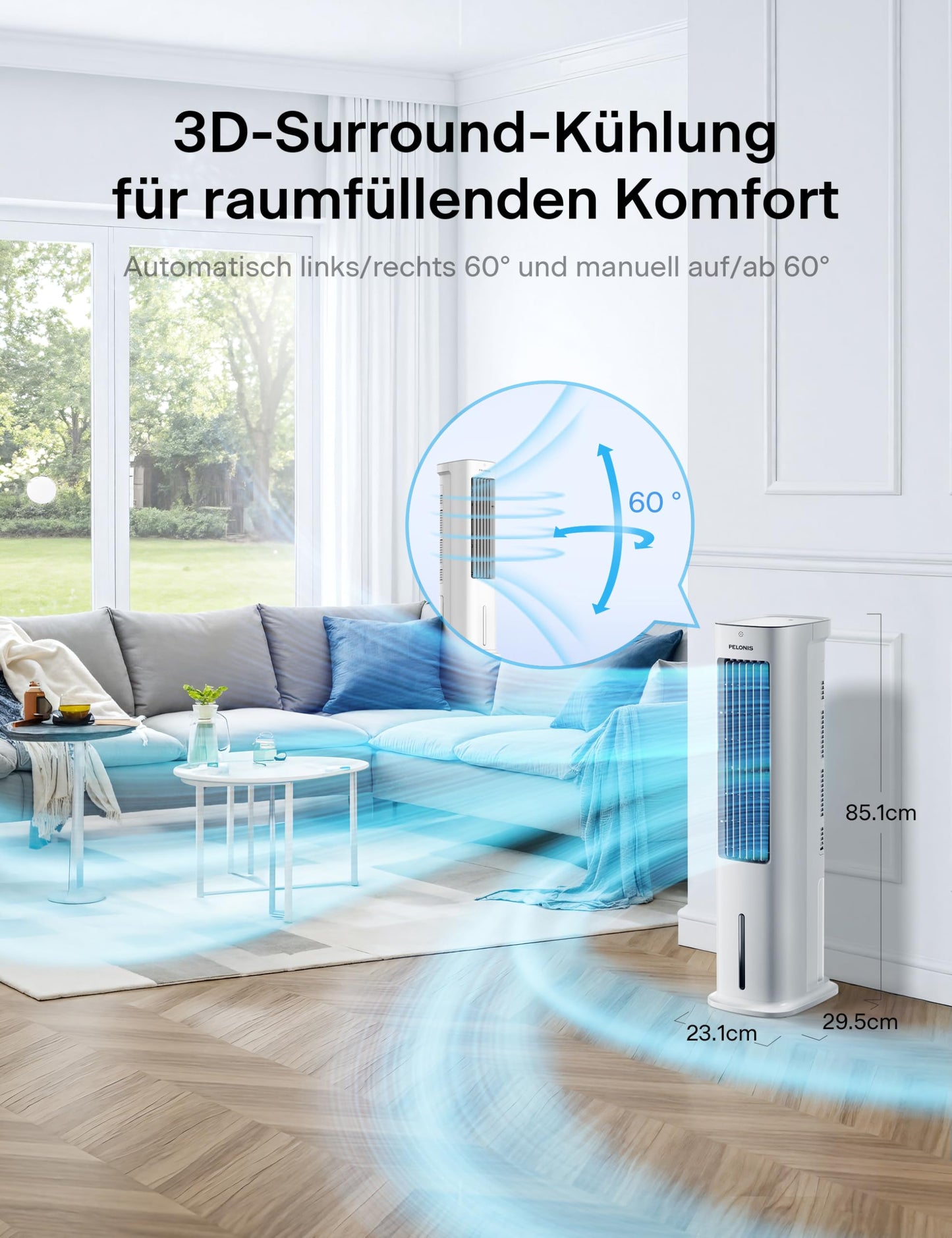 PELONIS air cooler with water cooling, mobile air conditioning, 5L fan with water cooling, air conditioning humidifier with remote control, 355m³/h air conditioning without exhaust hose - PE-AC100-20AR-DE-FBA
