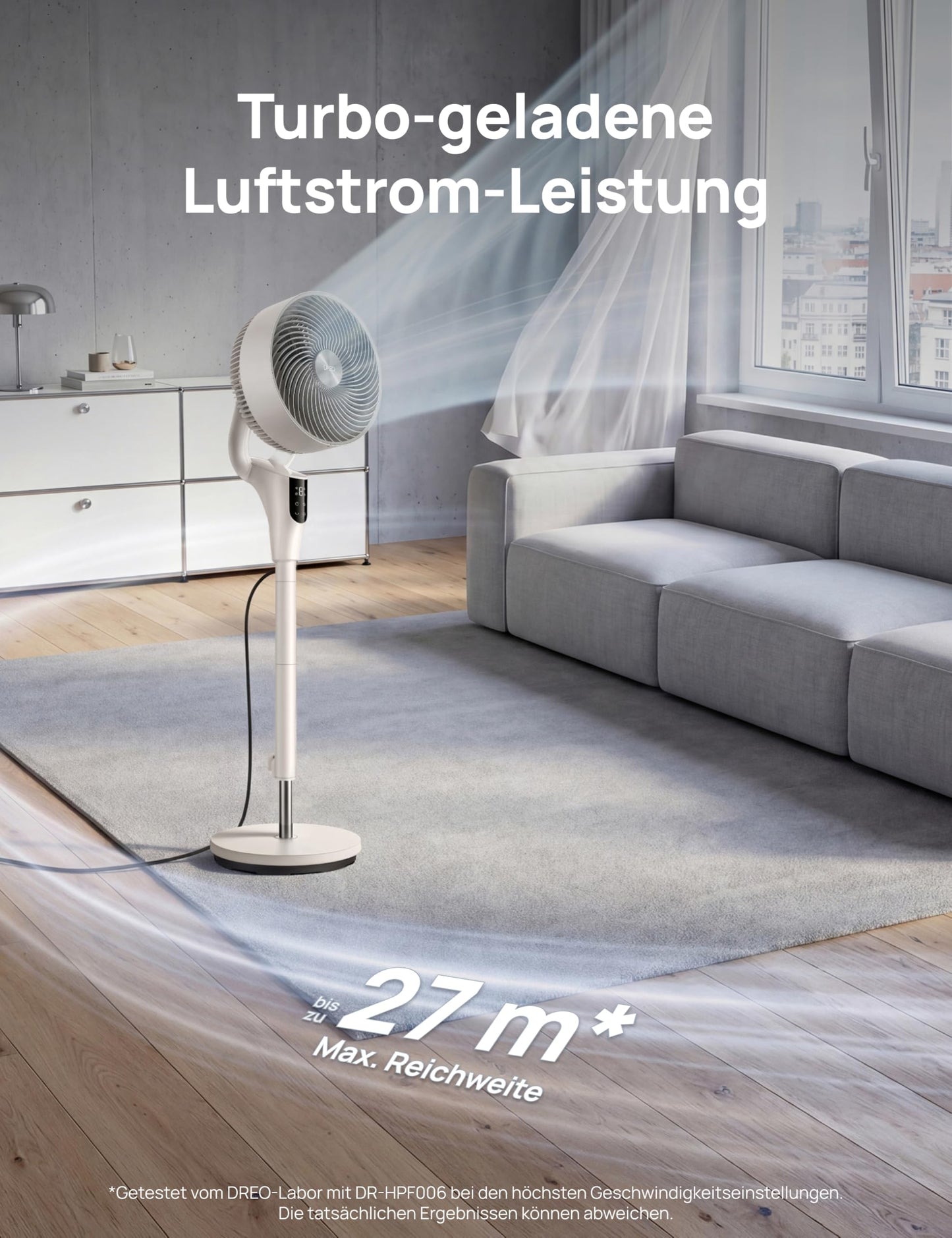 DREO Quiet Stand Fan for Bedroom [Improved], 27m Airflow, Quiet, 90° Oscillating, DC Motor, 8 Speeds, 3 Modes, 96-106cm Height Adjustable, 8H Timer, 105° Manual Tilt - DR-HPF013