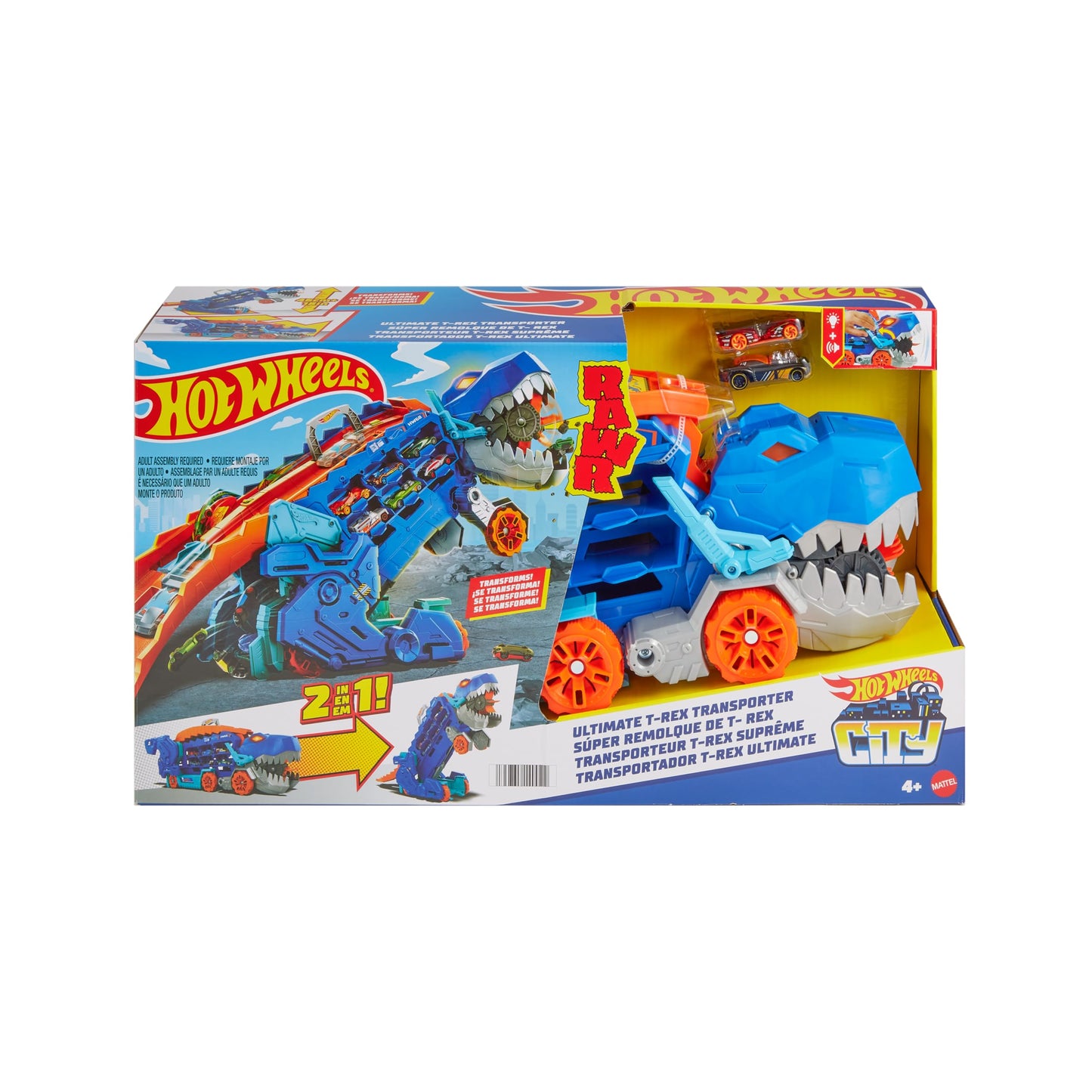 Hot Wheels Let's Race Netflix -2:1 transporter for T-Rex with including car racing track, with lighting and sounds, including 2 toy cars, space for 20 cars, Hot Wheels Dino, toys from 4 years, HNG50