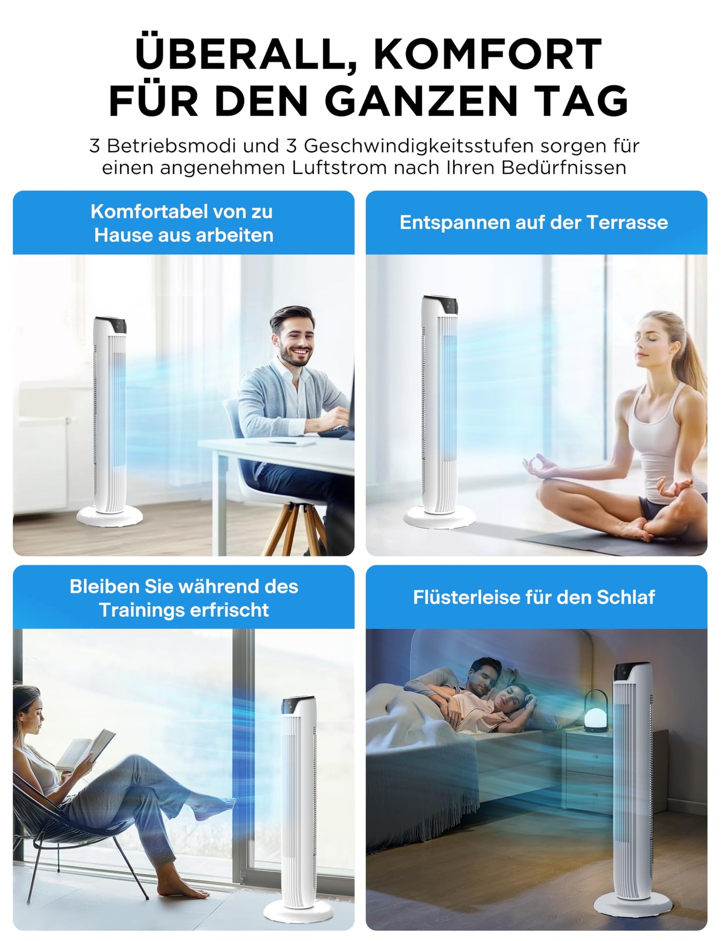 Midea FZ10-17JR(WH) Tower Fan Quiet with Remote Control 92CM, Mobile Fan, Column Fan, 7 Hour Timer, 3 Modes, 3 Speeds, 45W Stand Fan, White