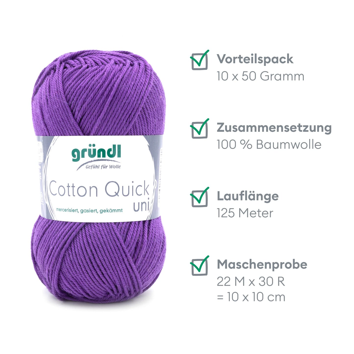 Gründl Wolle Cotton Quick uni - thin wool for crocheting - knitting yarn - crochet yarn - shiny and skin-friendly - 100% cotton - 10 balls 50 g / 125 m - needle size 3-4 - purple - 865-130