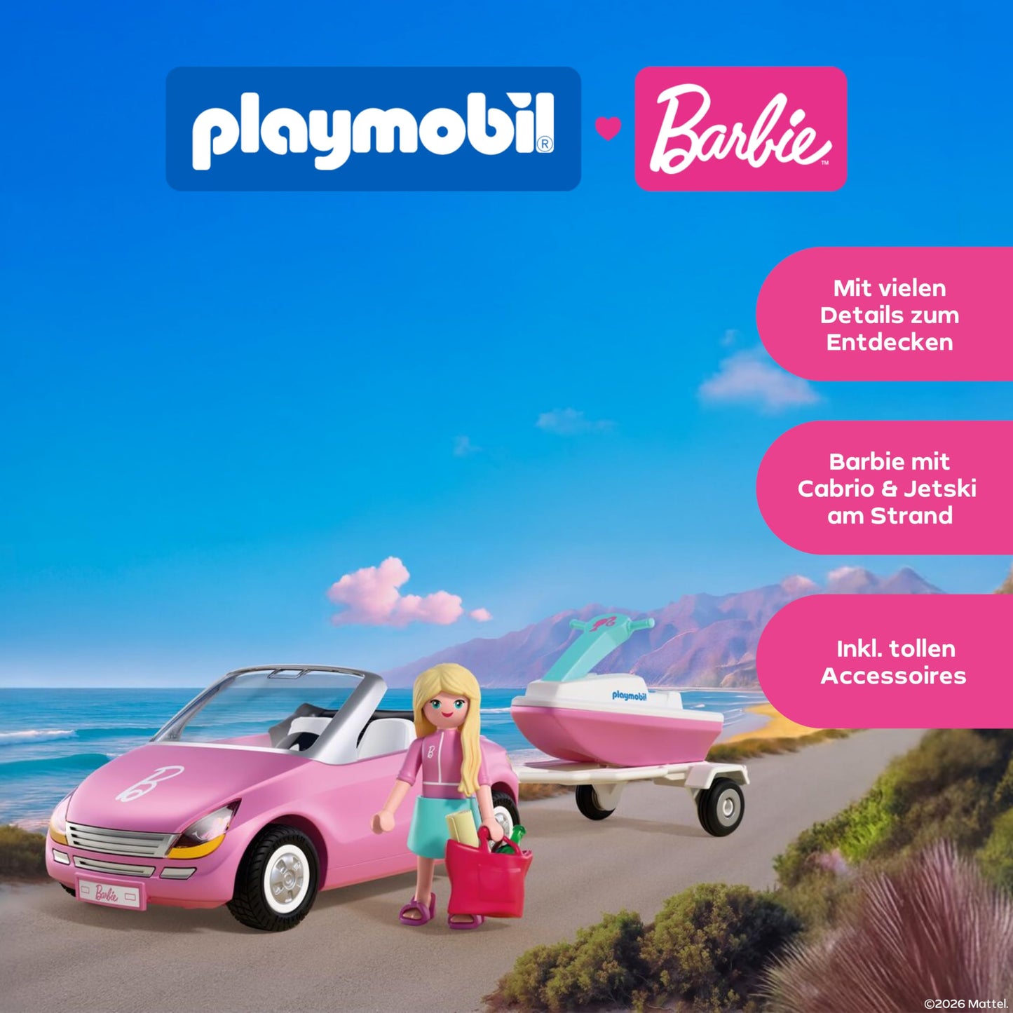 PLAYMOBIL Barbie Convertible | Convertible with trailer & jet ski | Summer Adventures with Barbie on the Malibu Coast | Vehicle & water fun | Creative playset for children aged 4 and over | 72123