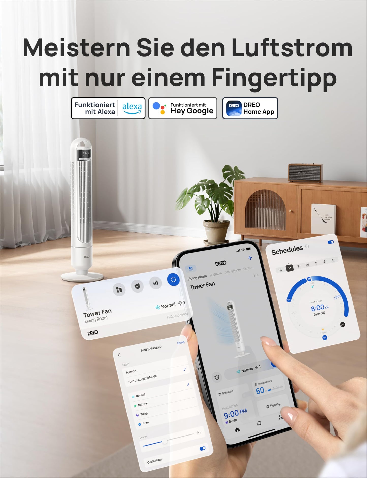 DREO Smart tower fan for the bedroom, quiet pedestal fan with 28 dB, air range up to 8.8 m, 4 levels & 3 modes, 8 hour timer, app, Alexa & Google, 90° oscillation, for home/office - DR-HTF017S