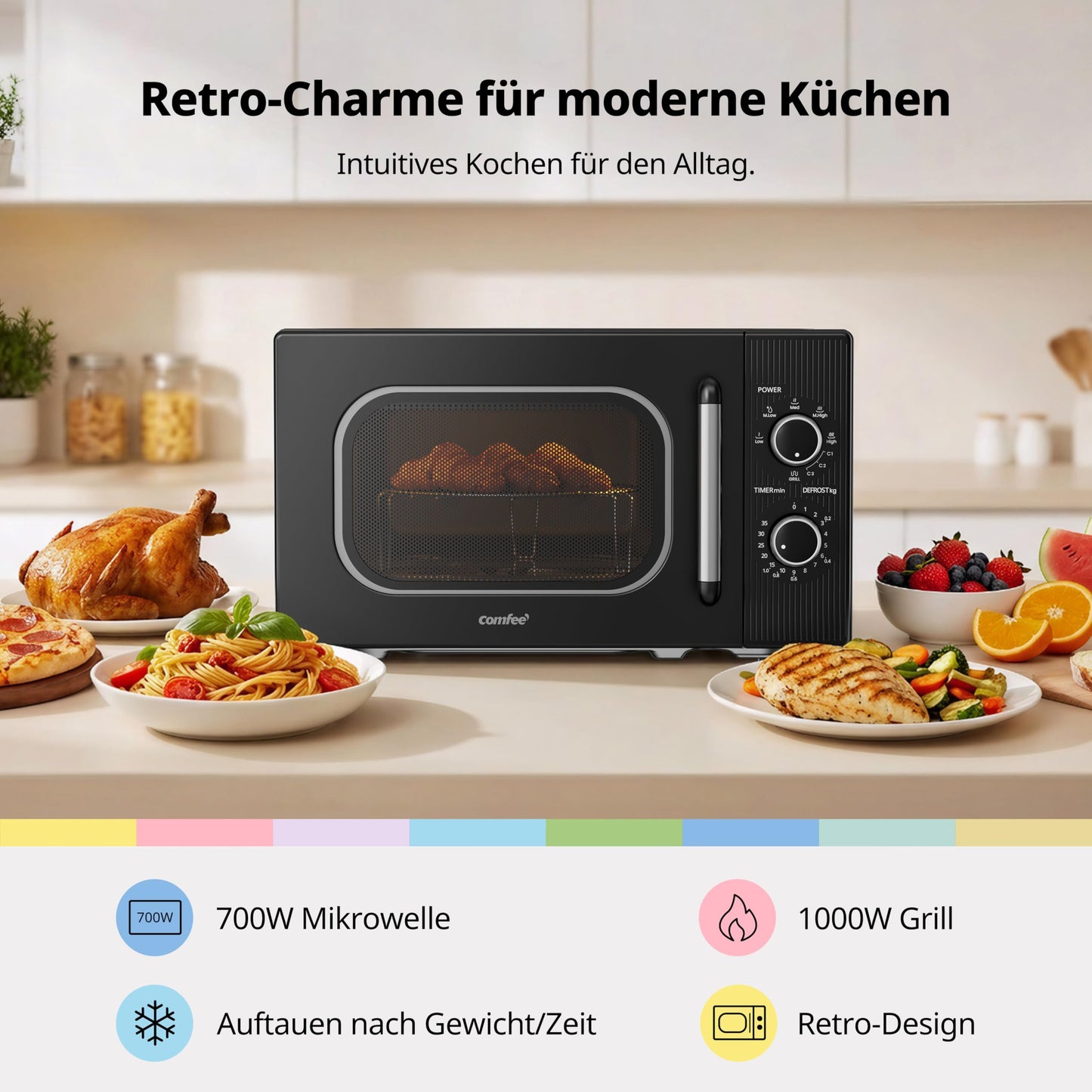 COMFEE' CMO-MG202NC(BK) microwave with grill, 20 liters, microwave 700 W, grill 1000 W, 5 power levels, grill function, timer 1-35 min, compact design, black