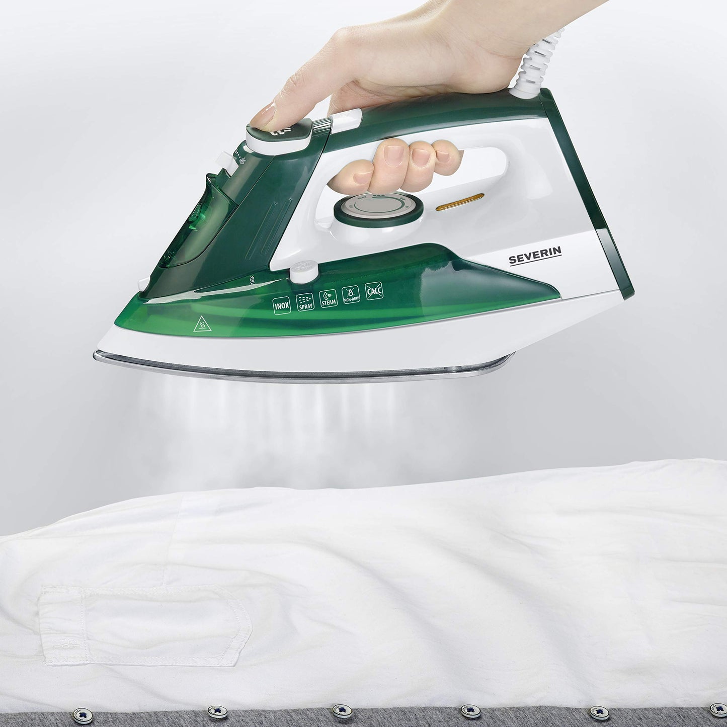 SEVERIN steam iron with robust stainless steel sole, 2400W, 85g, min steam boost, 30g, min variable steam output, removable water tank, anti-drip function, 175 ml, white-green, BA 3261