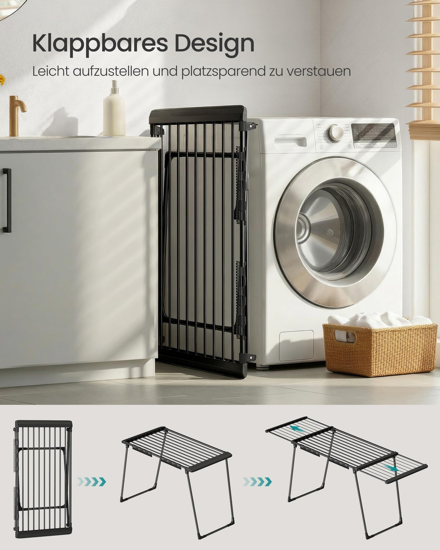 SONGMICS clothes airer, floor dryer, extendable wings, wing clothes airer, 22 m drying area, wing clothes dryer with sock holder, foldable, ink black LLR522BH01