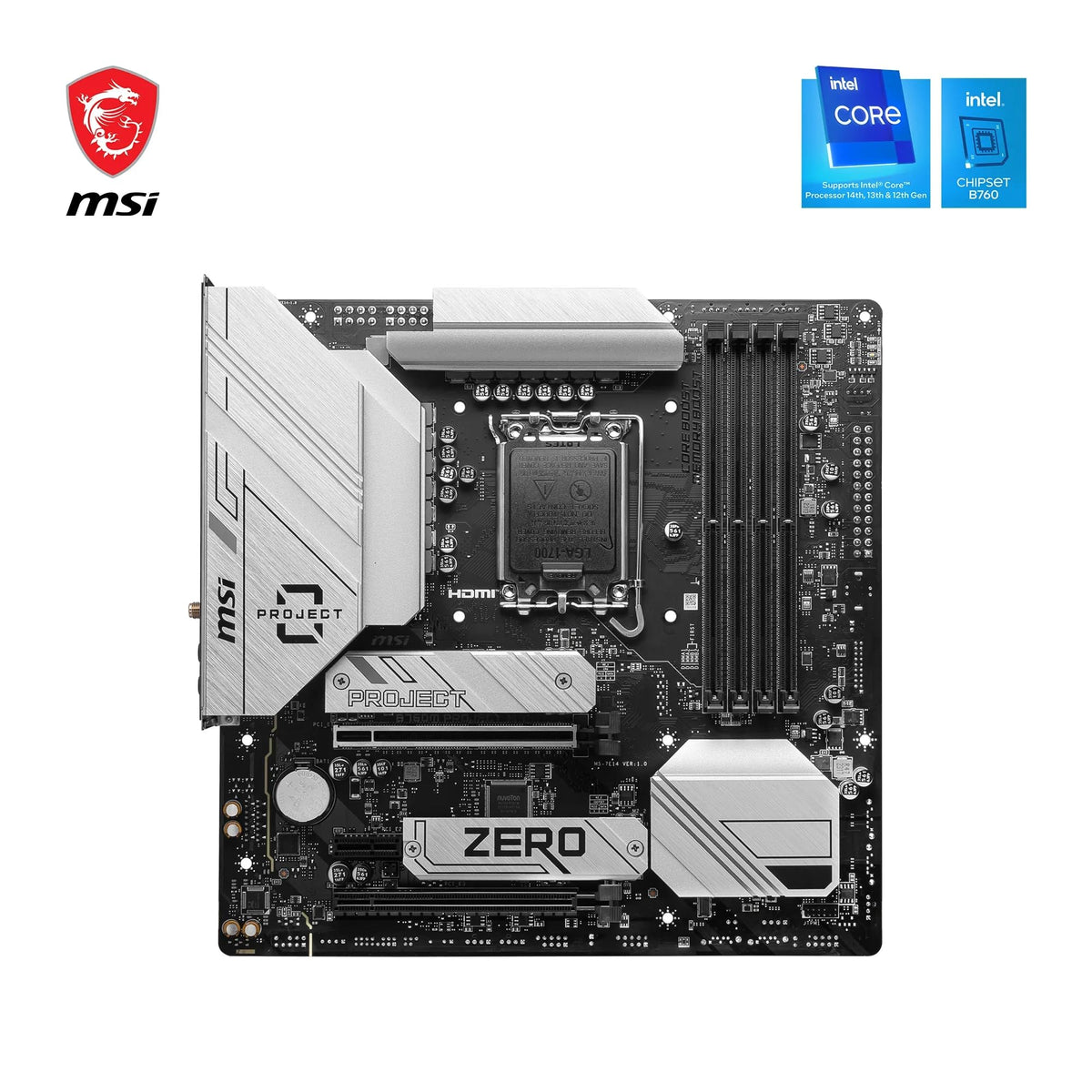 MSI B760M Project Zero Placă de bază, Back Connect mATX - Suportă procesoare Intel Core de generațiile 14, 13 și 12 LGA 1700, DDR5 7800+MHz/OC, PCIe 5.0 x16, - 7E14-001R