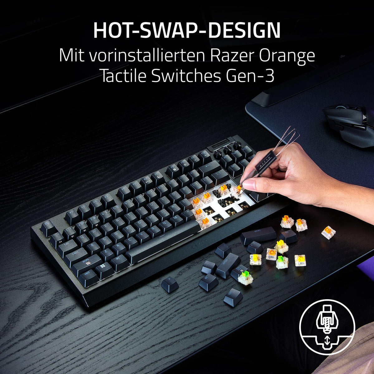 Razer BlackWidow V4 Tenkeyless HyperSpeed (Orange Tactile Switch) - Wireless Hot-Swap Gaming Keyboard - Without Numpad - Bluetooth & HyperSpeed 1000Hz - Snap Tap - QWERTZ DE Layout | Black - RZ03-05480400-R3G1