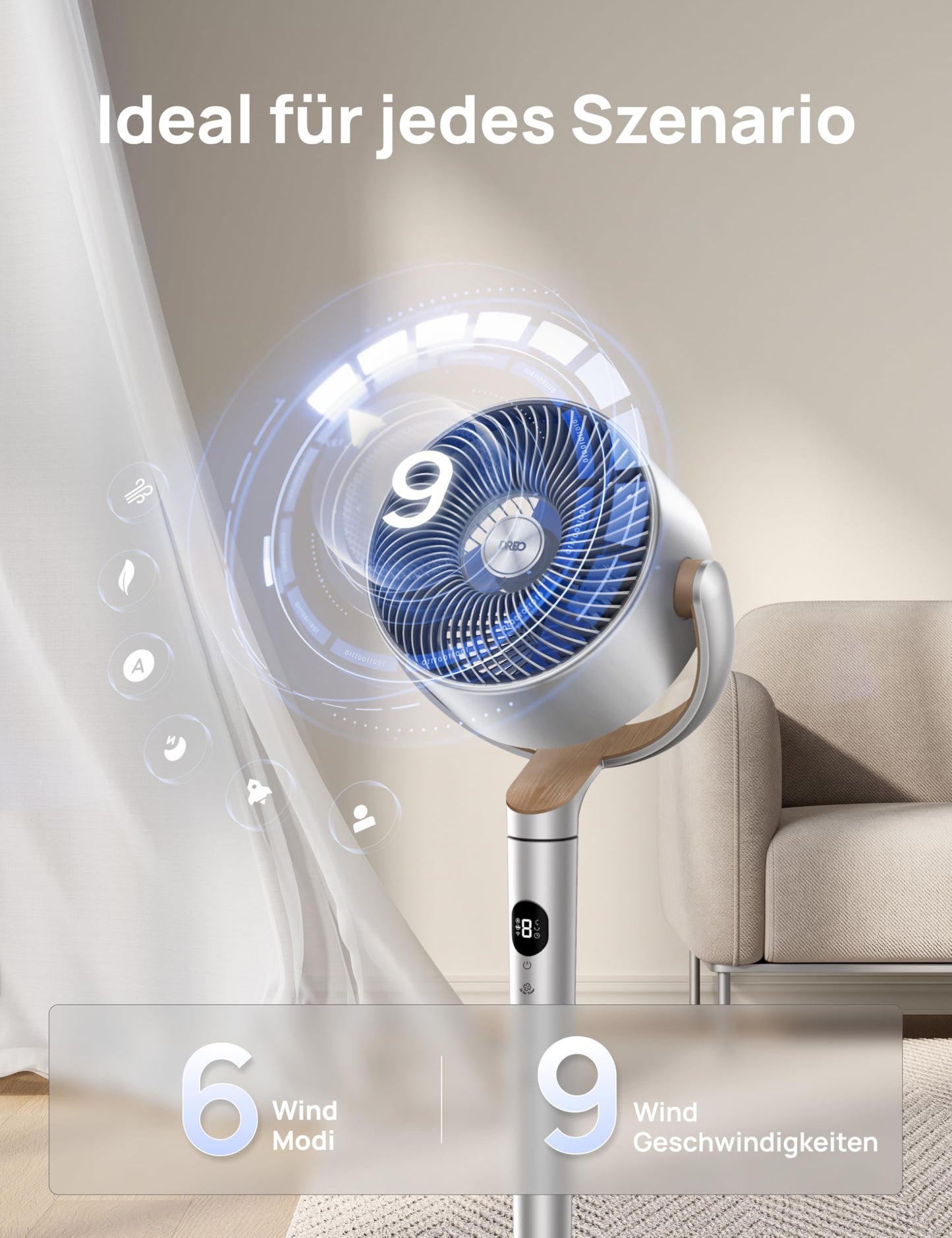 DREO Smart Pedestal Fan with RGB Light, 120° +120° Oscillating Fan with Remote Control, 20dB Quiet Floor Fan for Bedroom, 8H Timer, Silver - DR-HPF008S