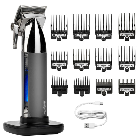 BaByliss Super-X Metal Cordless Hair Clipper – Japanese steel blades, 10 attachment combs, 2 comb guides, lithium battery, digital display, metal housing, black, E996E
