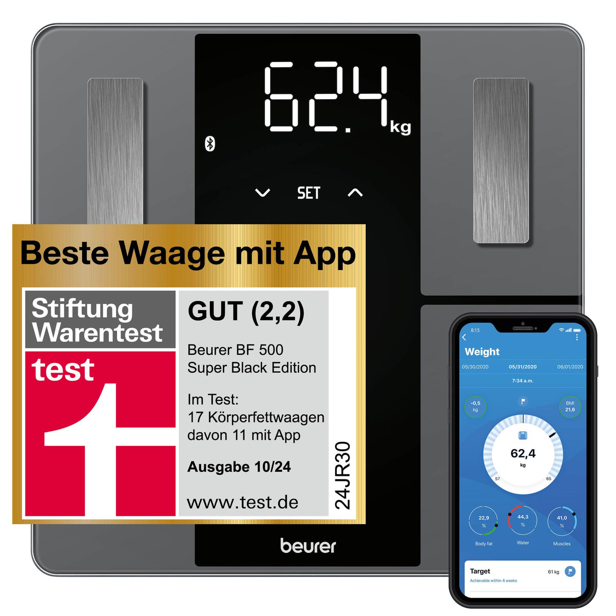 Beurer BF 500 Personal Scale with Bluetooth & App, digital body fat scale measuring body fat, muscle mass, calorie needs, etc., XL display, data transfer to Apple Health & more, up to 180 kg. - 2210