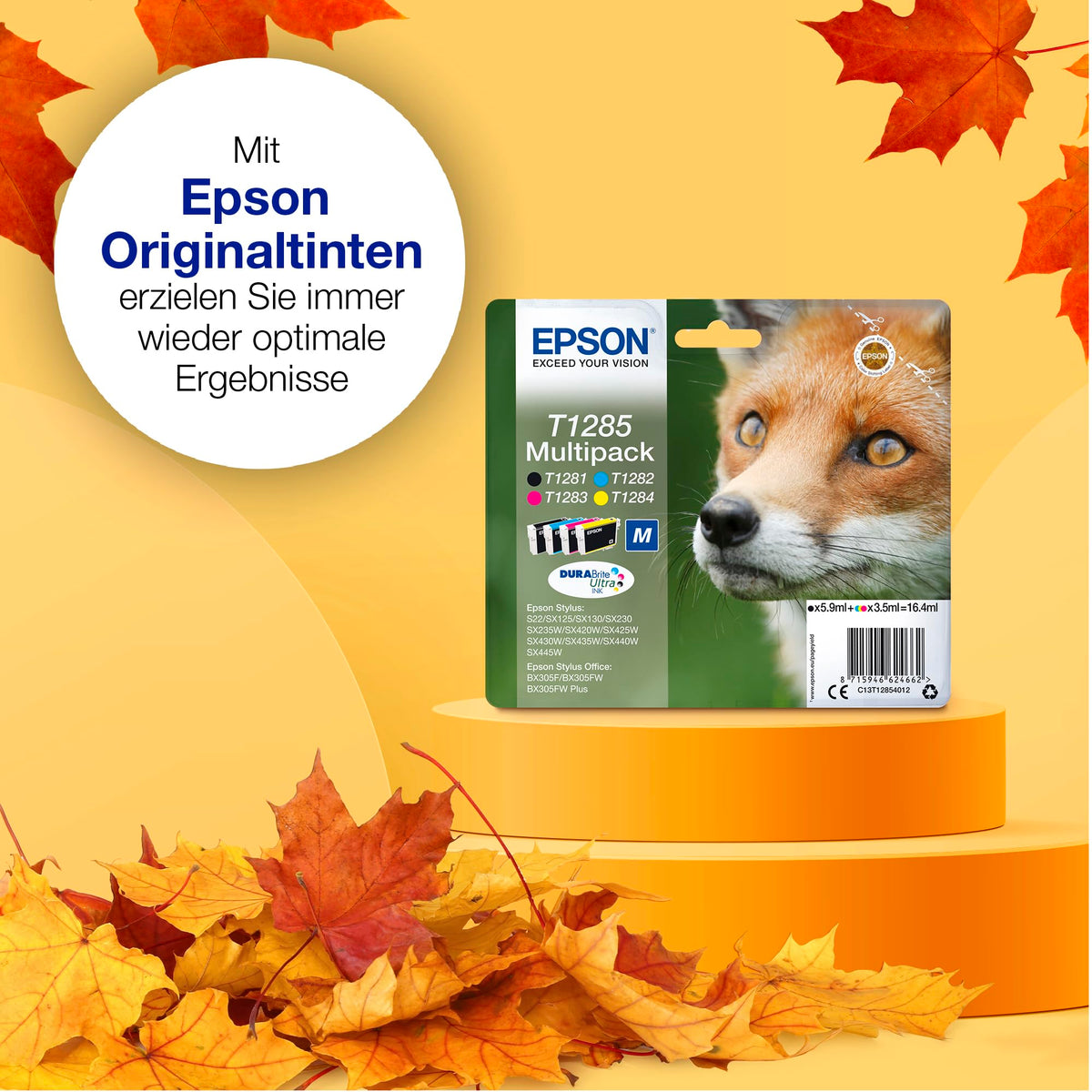 Epson Original Fuchs DURABrite T1282 Multipack EasyMail Ink Cartridge, reduced plastic packaging – 4 colors: Cartridges: Black, Cyan, Magenta, Yellow – 1 x 5.9 ml, 3 x 3.5 ml - C13T12854511