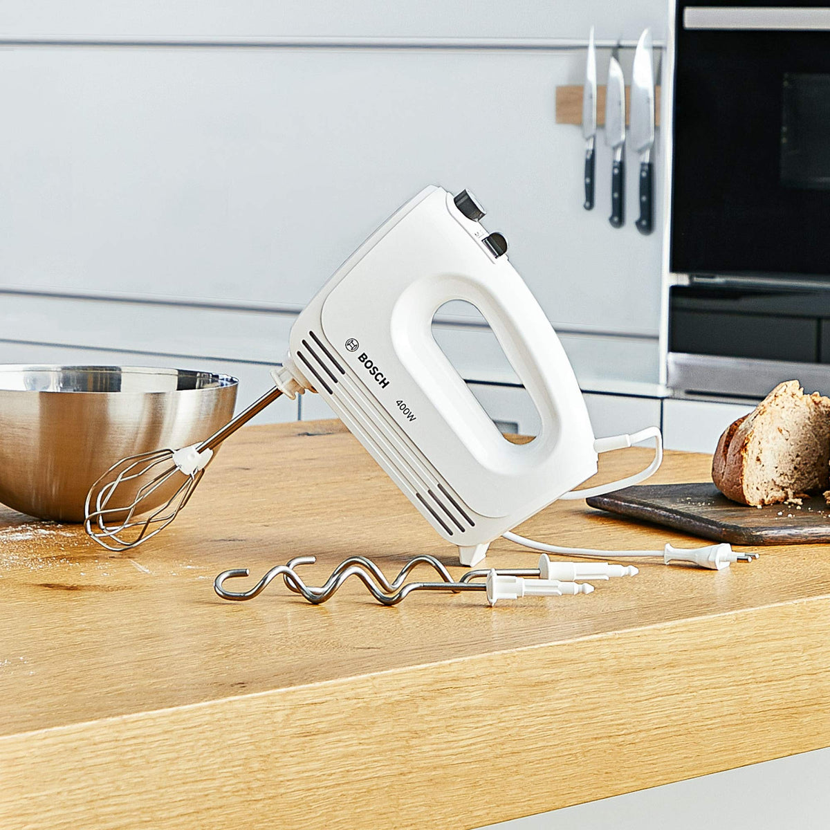 Bosch Hand Mixer, 2 beaters, 2 dough hooks, stainless steel, dishwasher safe, 4 speed settings, turbo function, lightweight, quiet, 400 W, white, CleverMixx MFQ24200