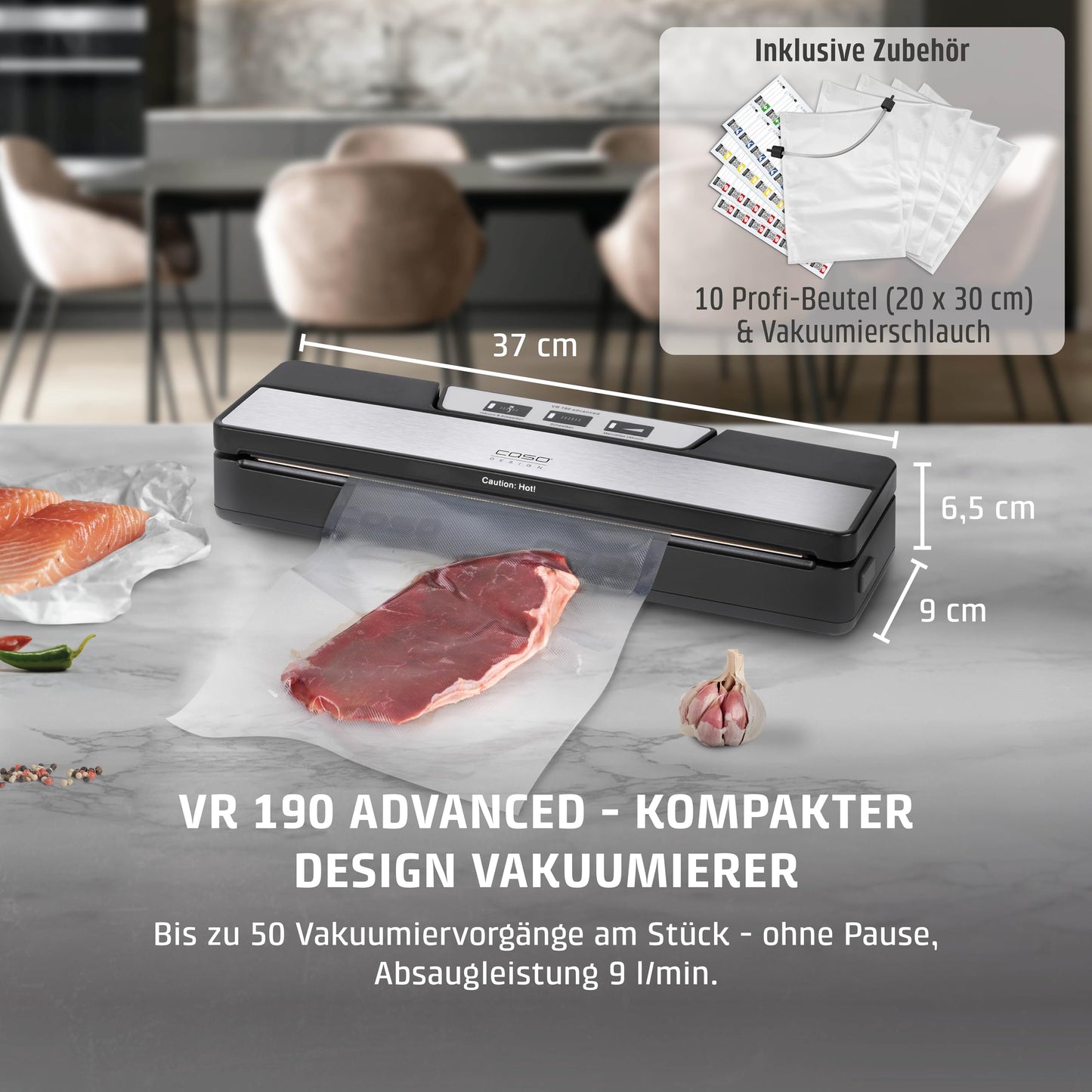 CASO VR 190 advanced vacuum sealer, test rating Very Good, film welding machine with 2.5 mm thick weld seam, up to 50 non-stop vacuum sealing processes, including 10 professional film bags - 1520