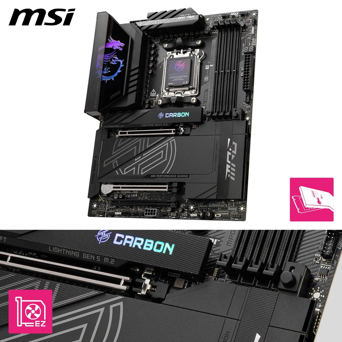 MSI MPG X870E Carbon WiFi Placă de bază, ATX - Suportă procesoare AMD Ryzen 9000/8000/7000, AM5-110A SPS VRM, DDR5 Memory Boost 8400+MT/s (OC), PCIe 5.0 x16 & 4.0 x16, M.2 Gen5, Wi-Fi 7, 5G LAN - 7E49-001R