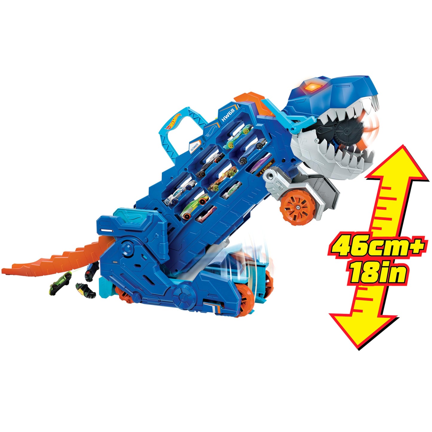 Hot Wheels Let's Race Netflix -2:1 transporter for T-Rex with including car racing track, with lighting and sounds, including 2 toy cars, space for 20 cars, Hot Wheels Dino, toys from 4 years, HNG50