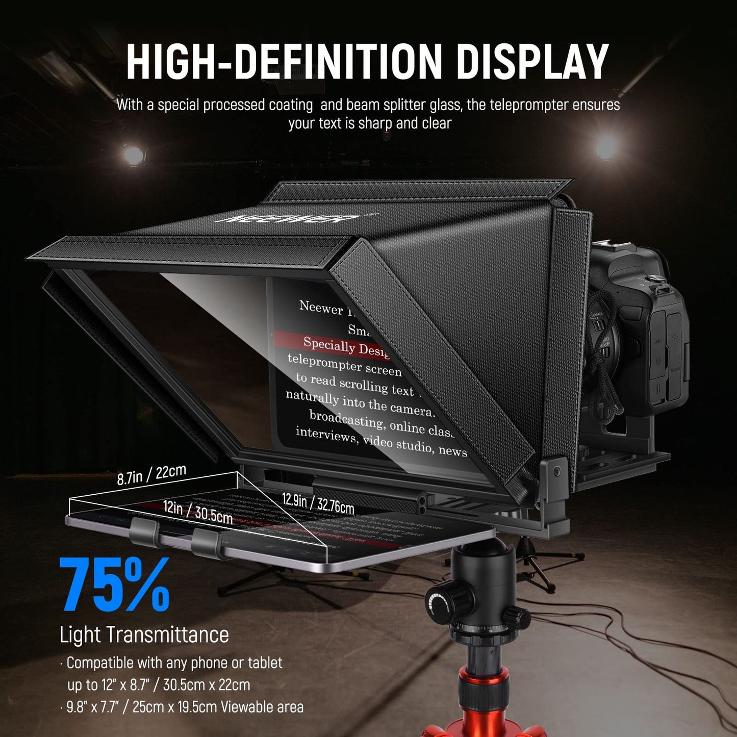 NEEWER X12 aluminum alloy teleprompter with RT-110 remote control and app control, compatible with iPad, iOS/Android tablet, smartphone, DSLR camera, complete metal construction with carrying case