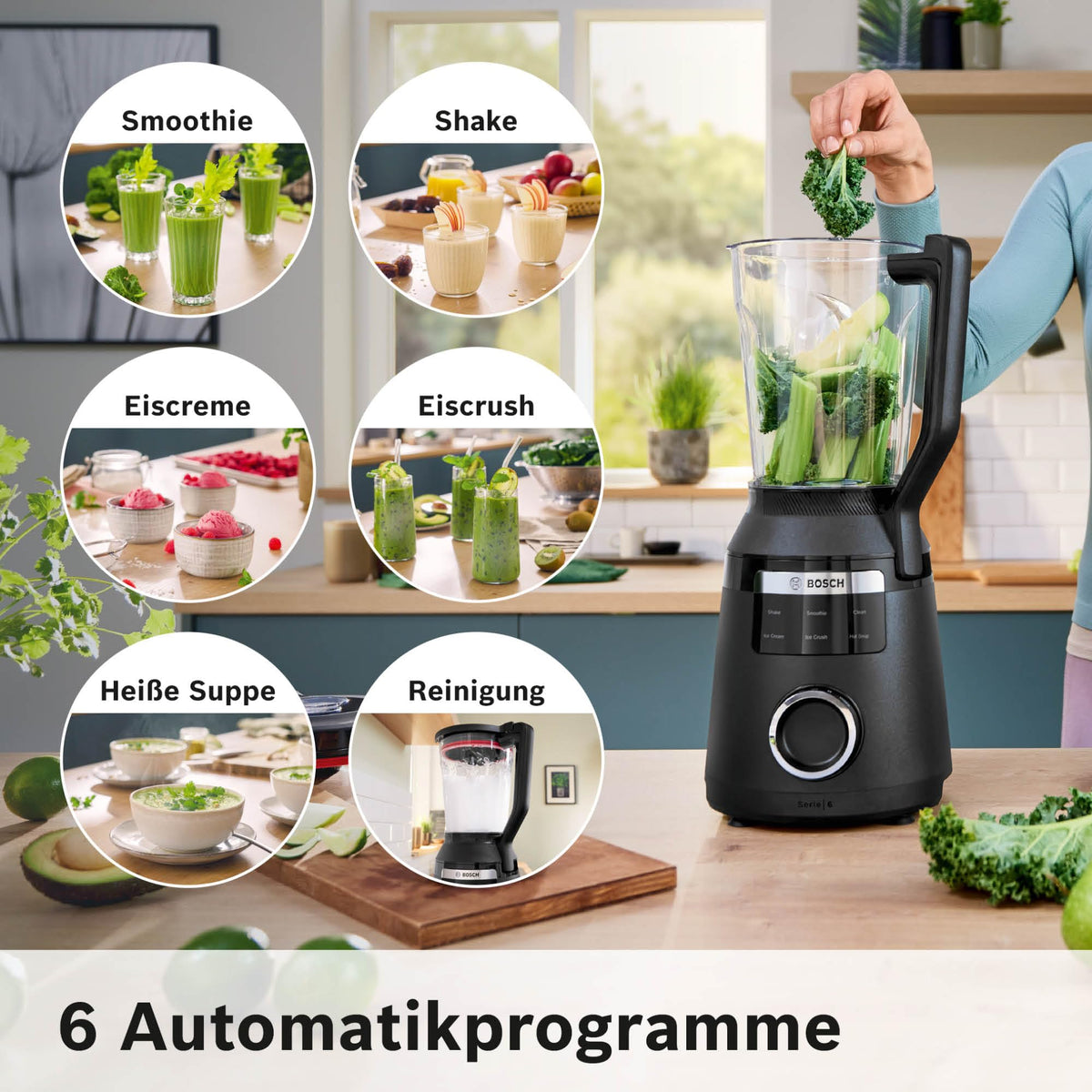 Bosch Highspeed Blender, Smoothie Maker, 45,000 RPM, 6 Programs (including hot soup & cleaning), 2 L Mixing Container, dishwasher-safe parts, Made in Europe, 1800W, VitaPower Series 6 MMBD665B1