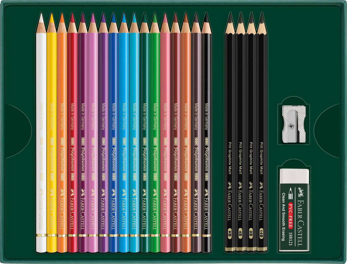 FABER-CASTELL 210052 - Set de desen din 23 de piese cu creioane și creioane colorate Polychromos Pitt Graphite Matt, inclusiv ascuțitoare și radieră - FC210052
