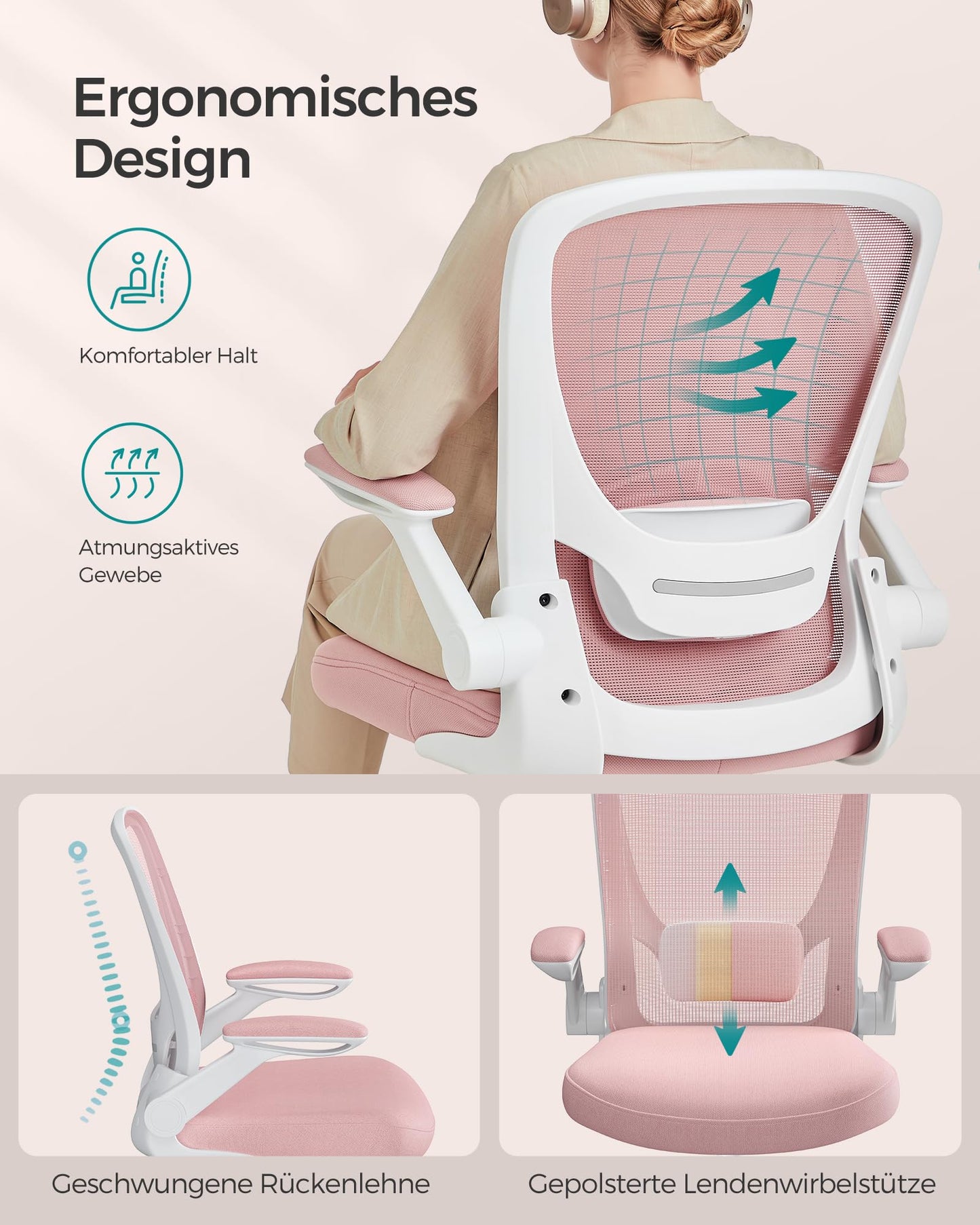 SONGMICS Office Chair Ergonomic, Swivel Chair with Mesh, Lumbar Support, Rocker Function, 53cm Seat, Folding Armrests, Study and Bedroom, Students, Pastel Pink OBN037R01