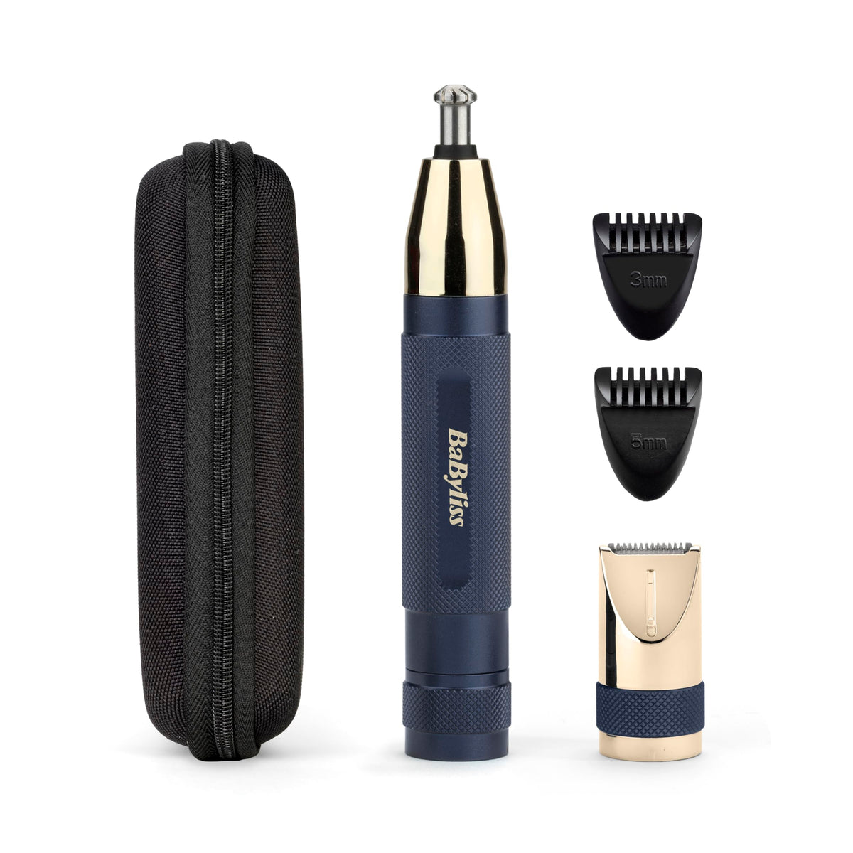BaByliss Super-X Metal Series Trimmer pentru nas, urechi și sprâncene pentru bărbați, kit de îngrijire, cadouri pentru bărbați (Aur/Albastru) - E112U