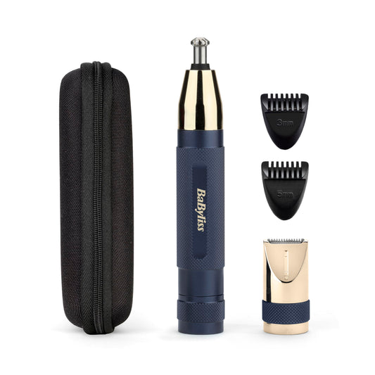 BaByliss Super-X Metal Series Trimmer pentru nas, urechi și sprâncene pentru bărbați, kit de îngrijire, cadouri pentru bărbați (Aur/Albastru) - E112U