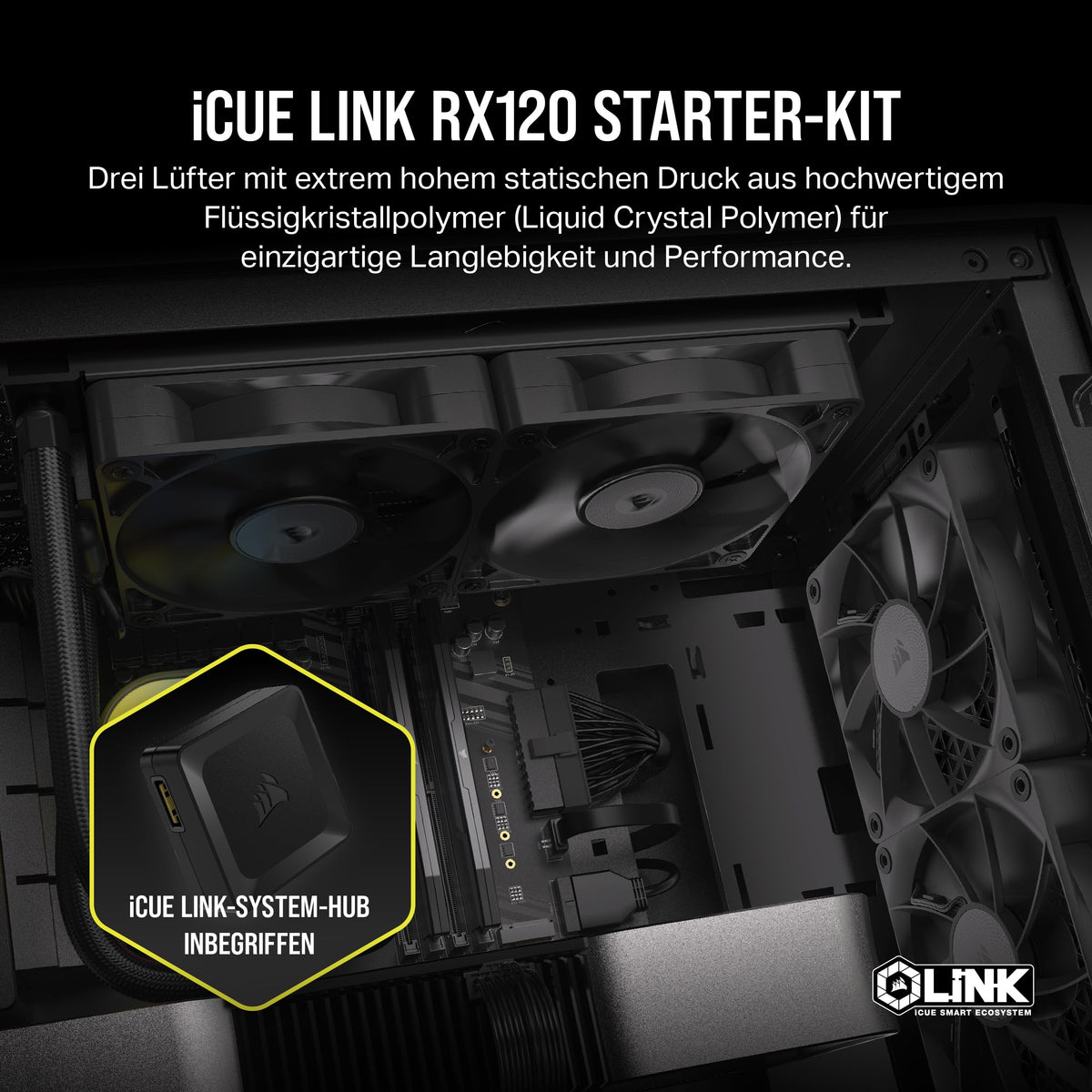 CORSAIR iCUE LINK RX120 120mm PWM Fans with iCUE LINK System Hub - Magnetic Coupling Bearing - Triple Pack - Black - CO-9051010-WW