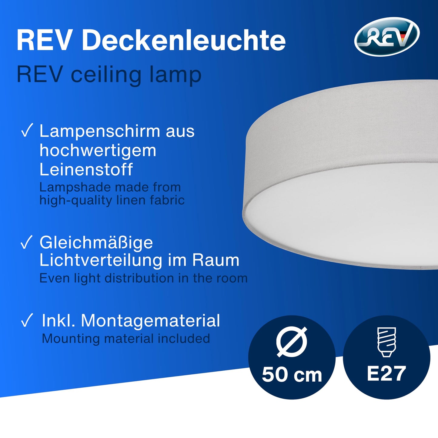REV ceiling light - ceiling lamp living room, bedroom & kitchen around 50cm with fabric lampshade in a vintage look, gray - 2900025055