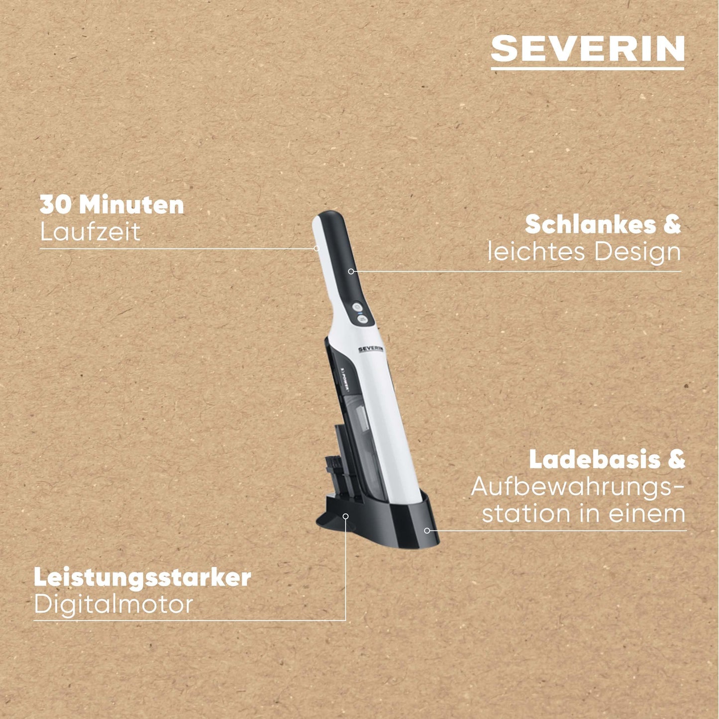 Severin cordless handheld vacuum cleaner, quiet animal hair vacuum cleaner with furniture attachment for furniture and keyboards, wireless handheld vacuum cleaner with battery for up to 30 minutes running time, matt white/black, HV 7140